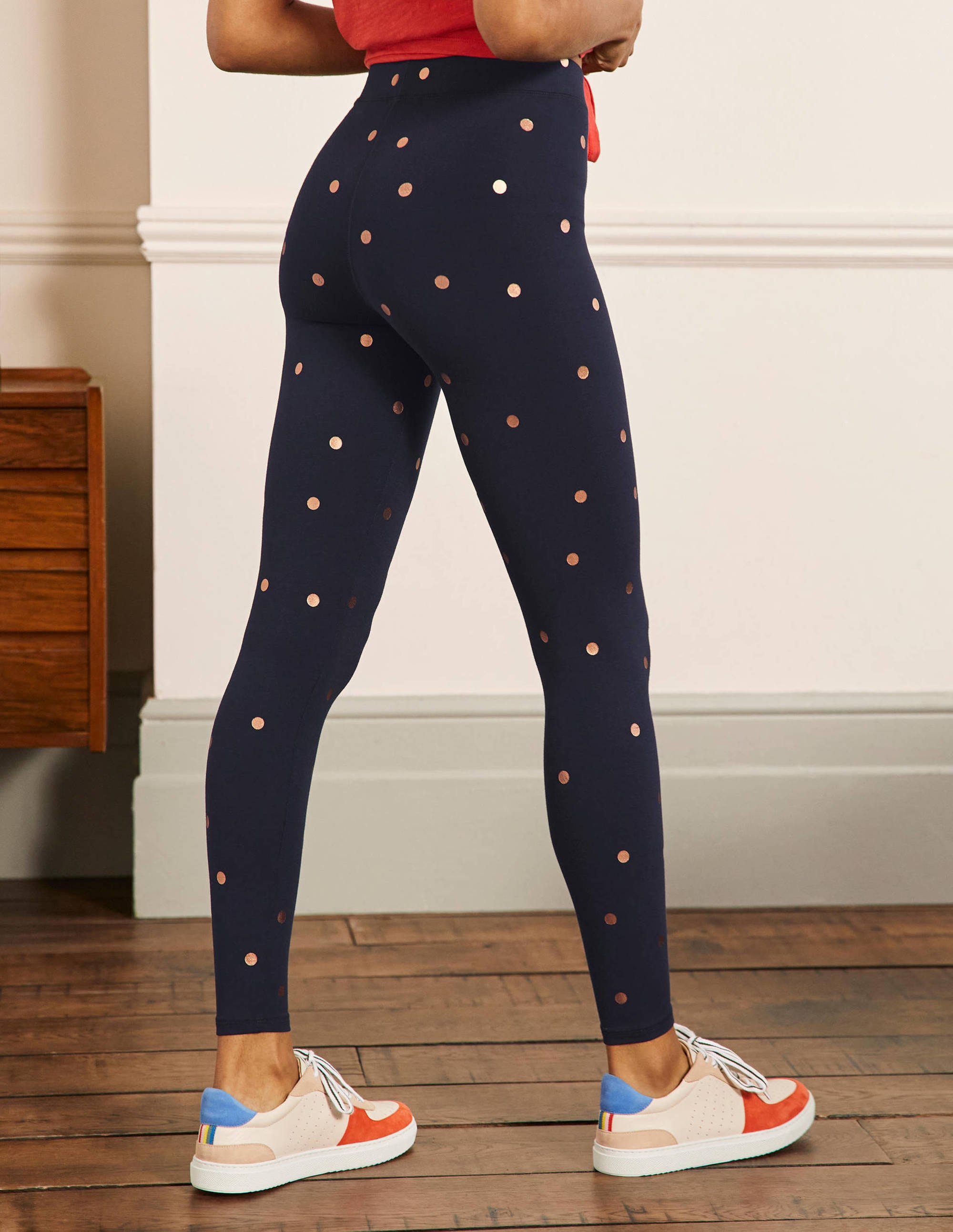 High Rise Navy Polka Dot Jersey Leggings-Navy and Gold, Polka Dot - Image 3