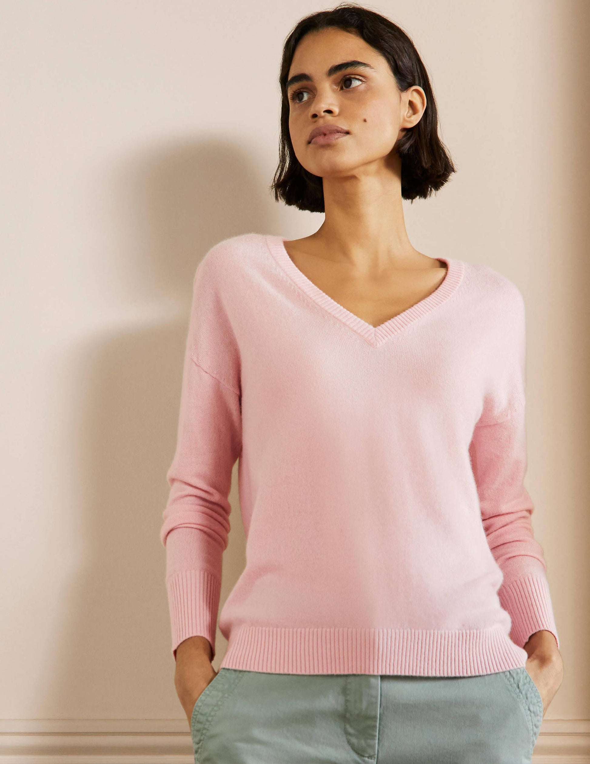 Cashmere V-neck Relaxed Jumper-Pink Blush-1