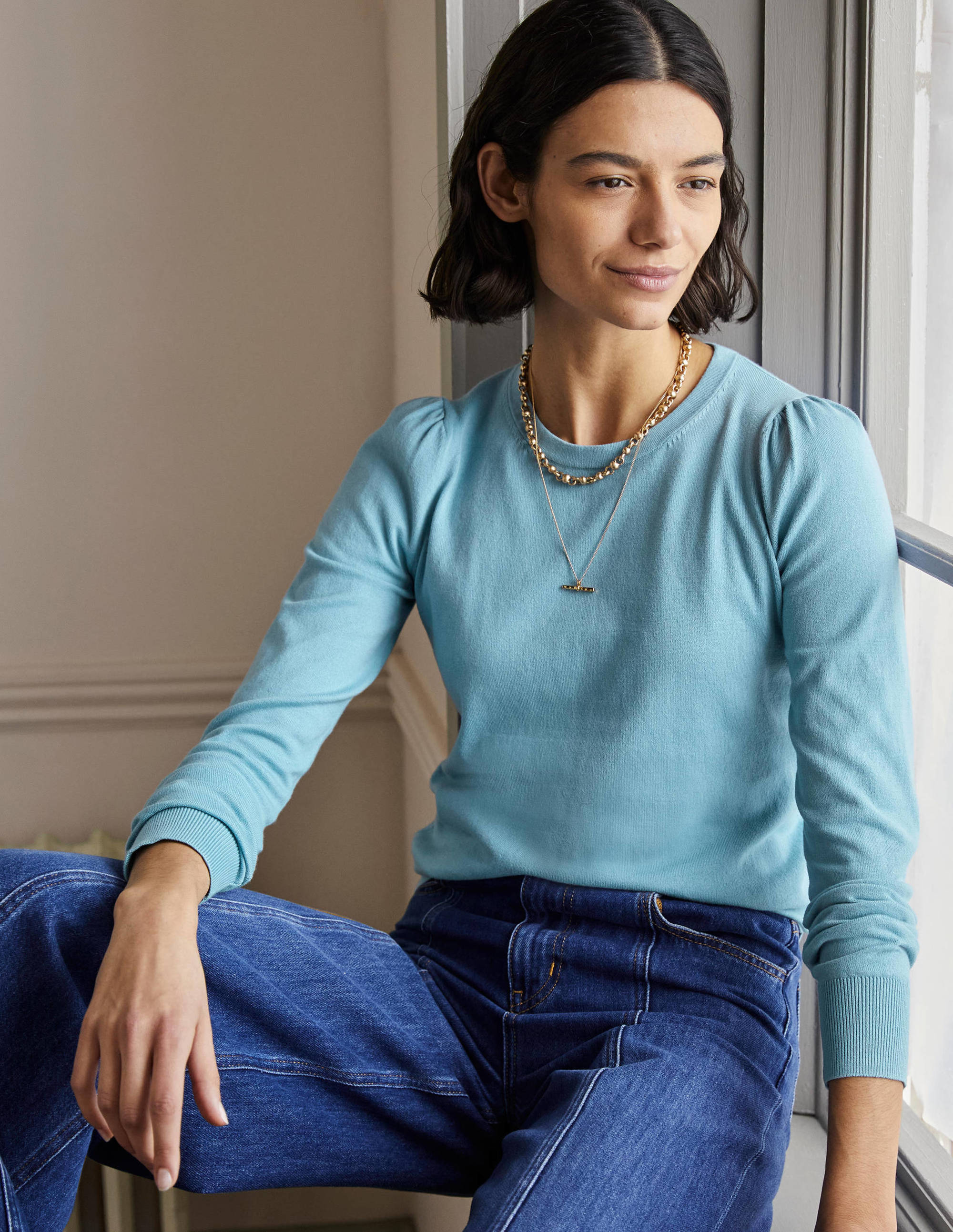 Cotton Crew Neck Jumper-Dusty Blue - Image 1