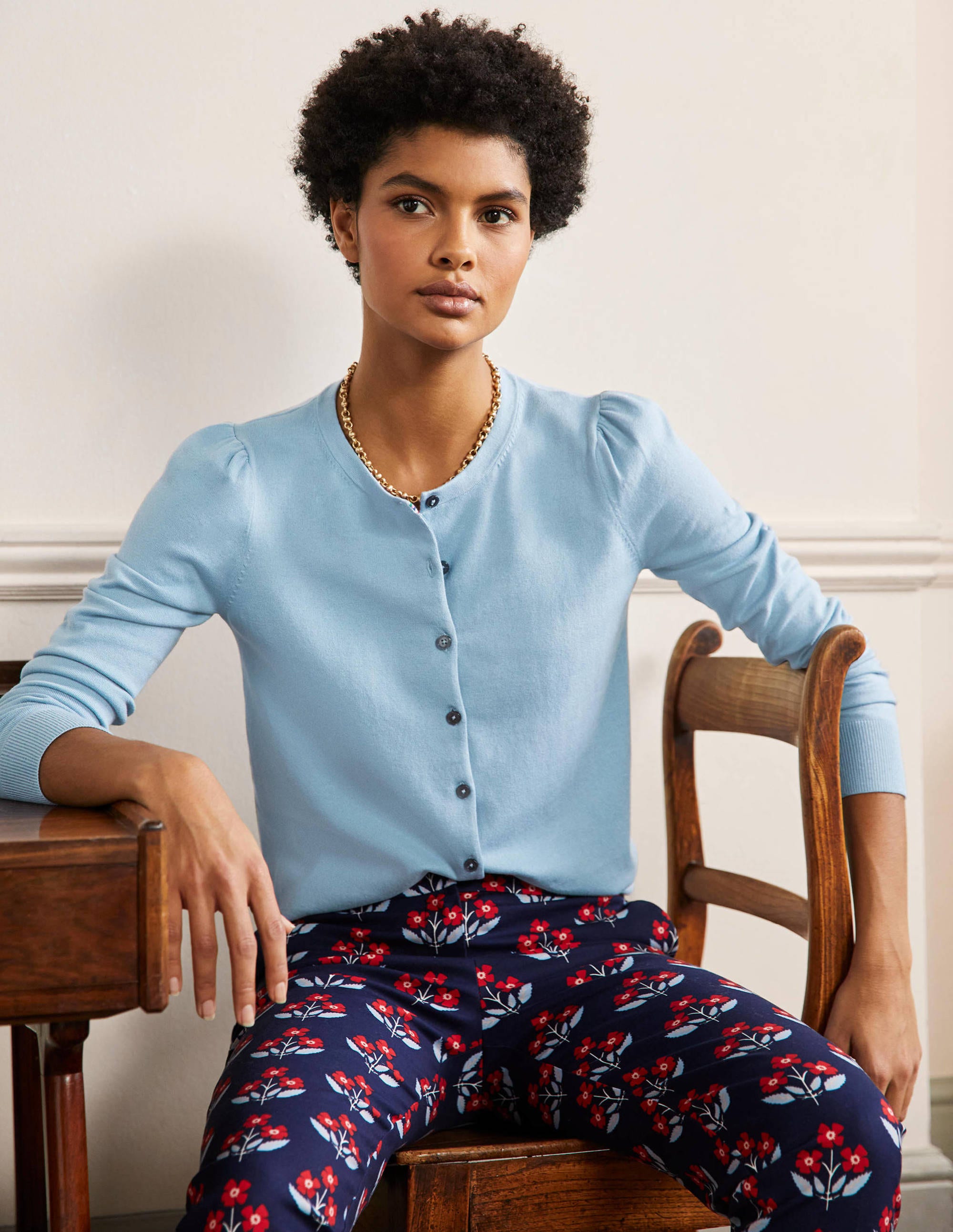 Cotton Crew Neck Cardigan-Dusty Blue - Image 1