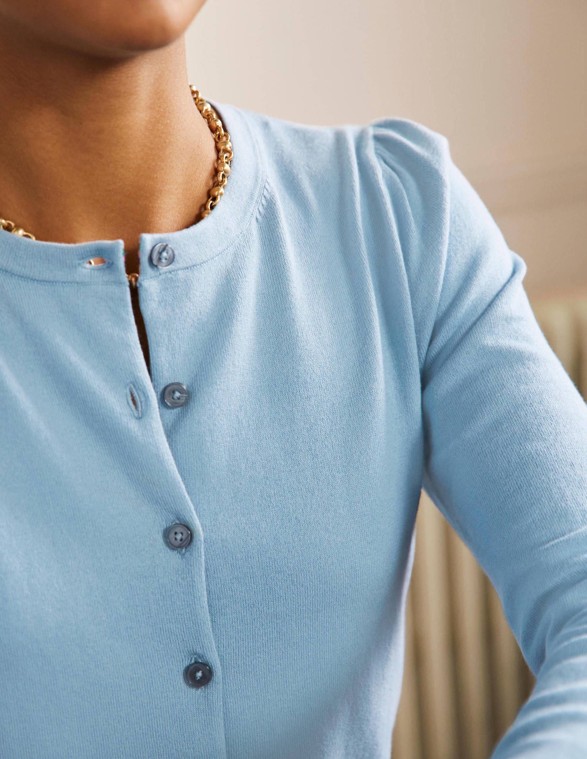 Cotton Crew Neck Cardigan-Dusty Blue - Image 2