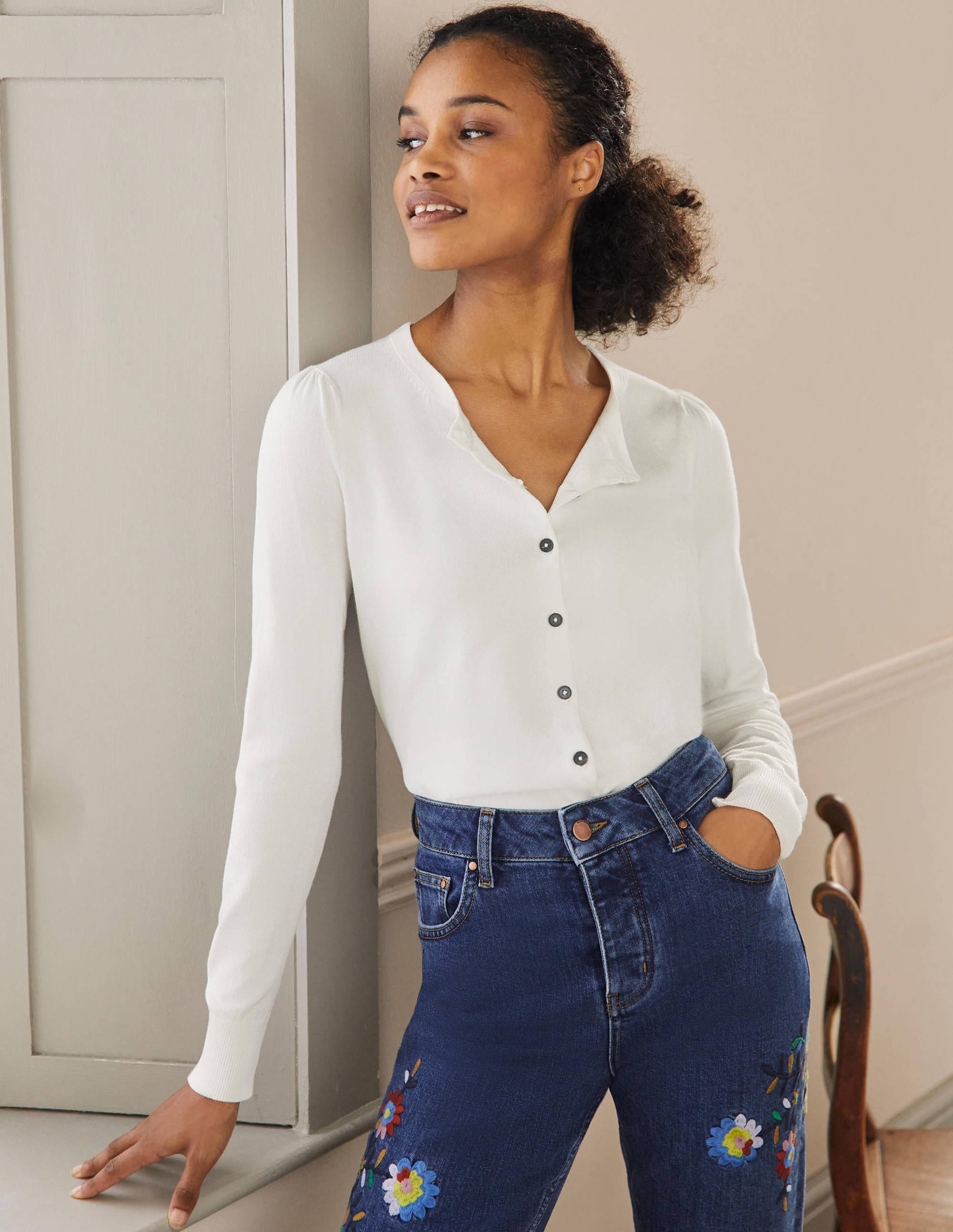 Cotton Crew Neck Cardigan-Ivory - Image 1