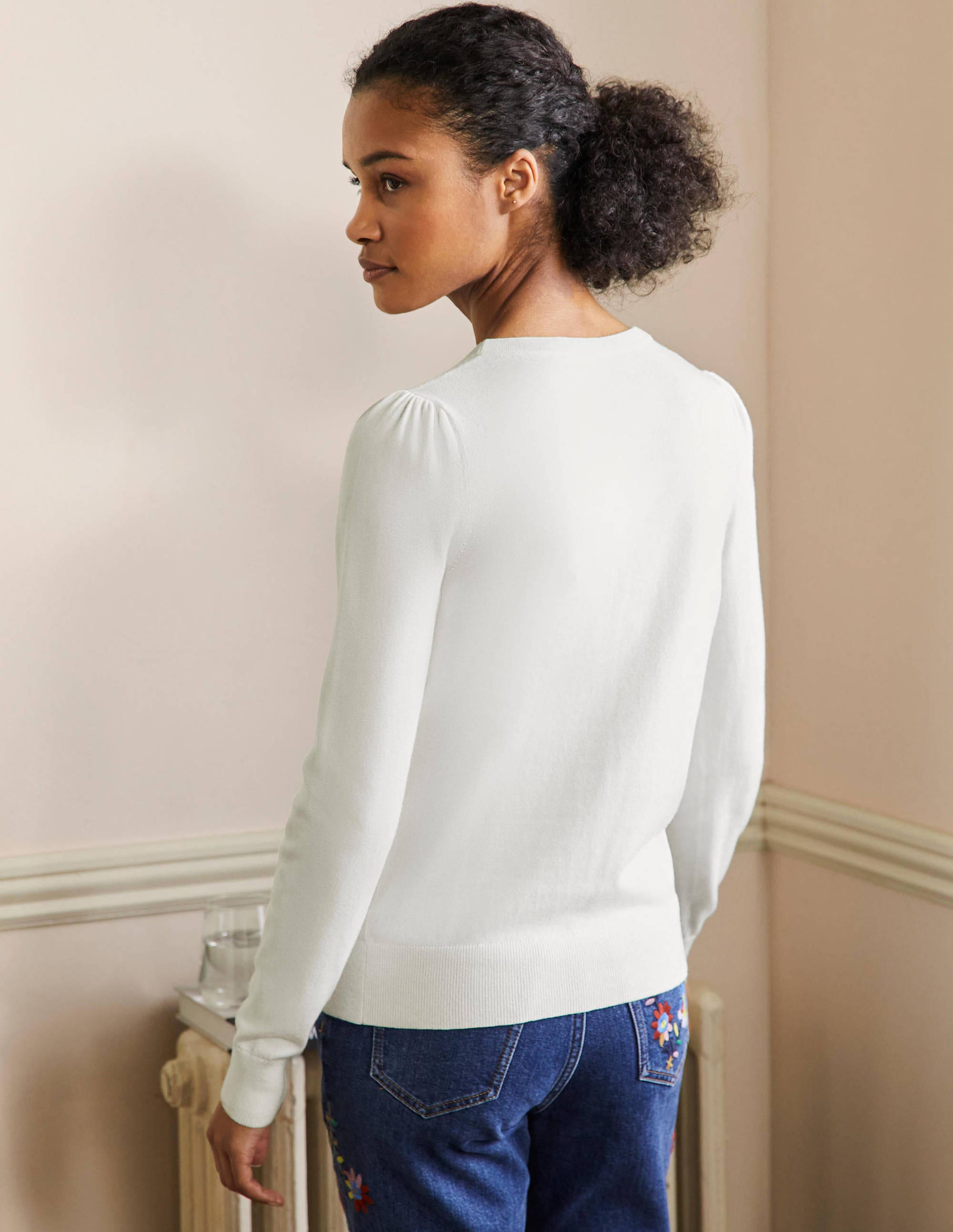 Cotton Crew Neck Cardigan-Ivory - Image 3