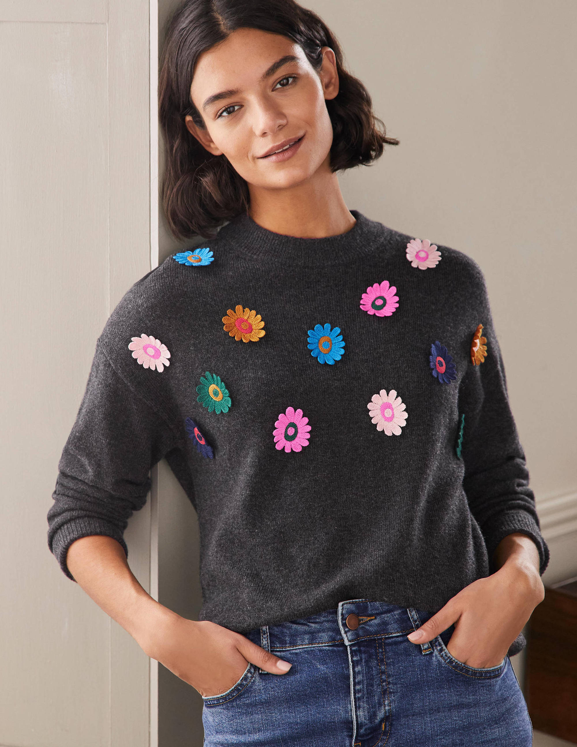 Relaxed Embroidered Jumper-Charcoal Melange, Sunflower - Image 1