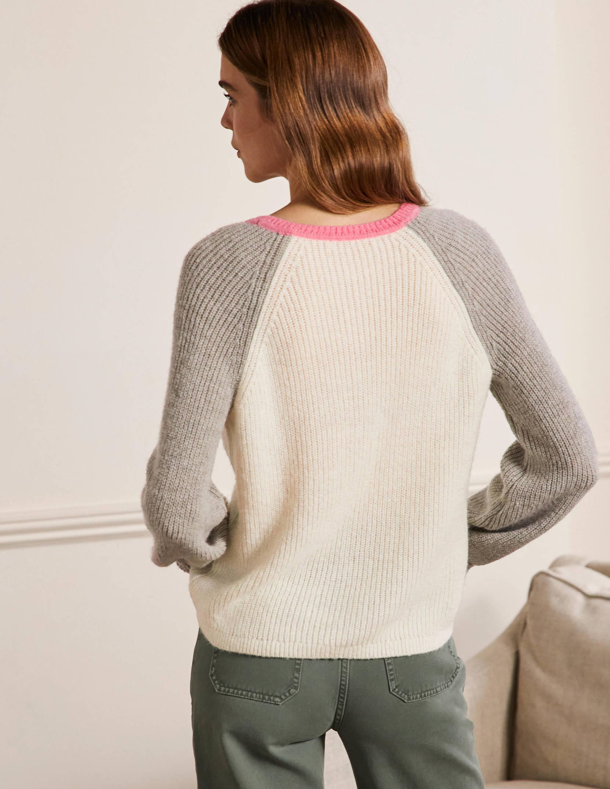Fluffy Colourblock Cardigan-Ivory, Grey Melange - Image 3