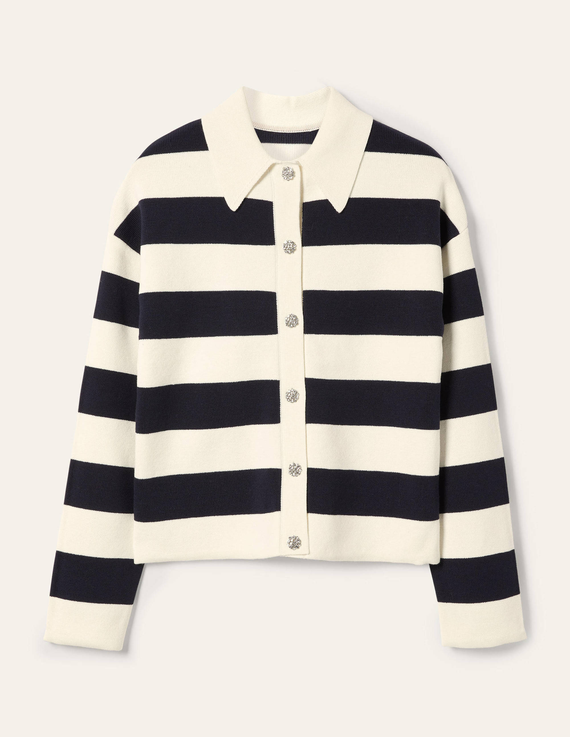 Jewel Button Collared Cardigan-Ivory Mélange, Navy Stripe - Image 5