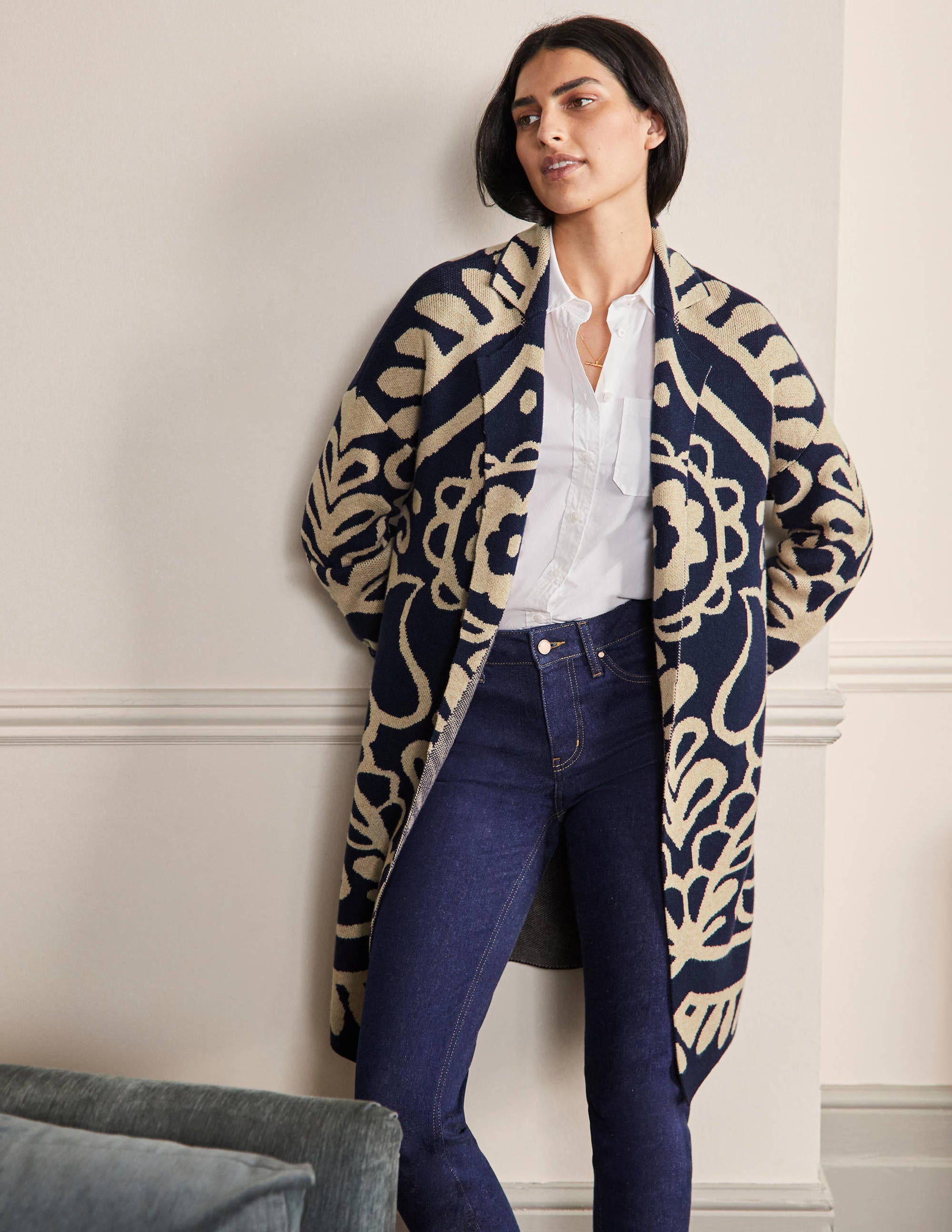 Longline Knitted Coatigan-Navy, Chinchilla Melange - Image 1