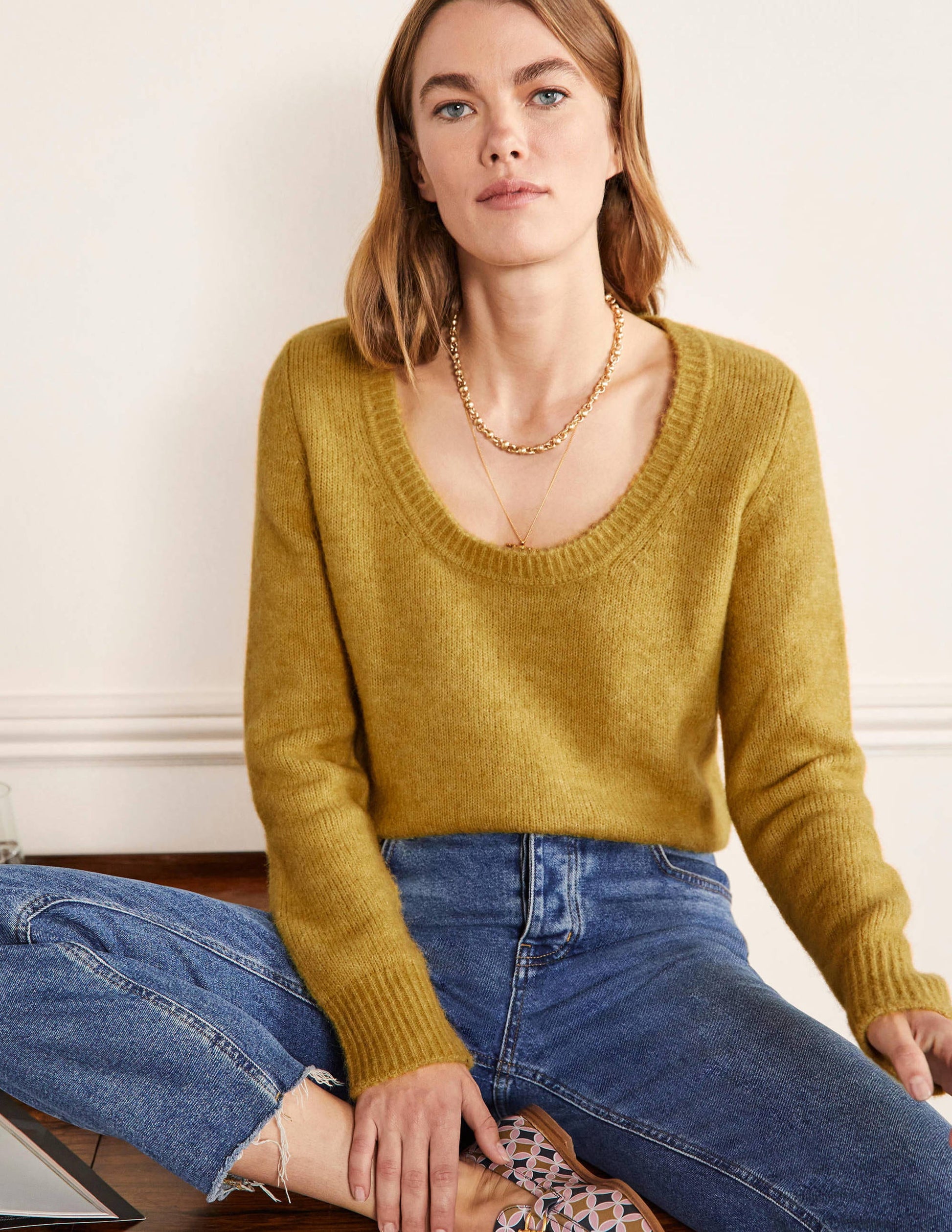Scoop Neck Fluffy Jumper-Olive Oil-1