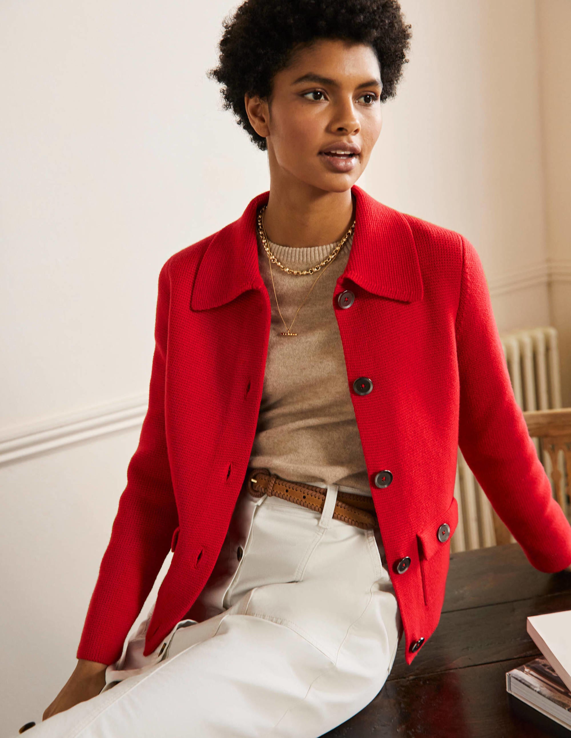 Cropped Collared Cardigan-Dragon Red - Image 1