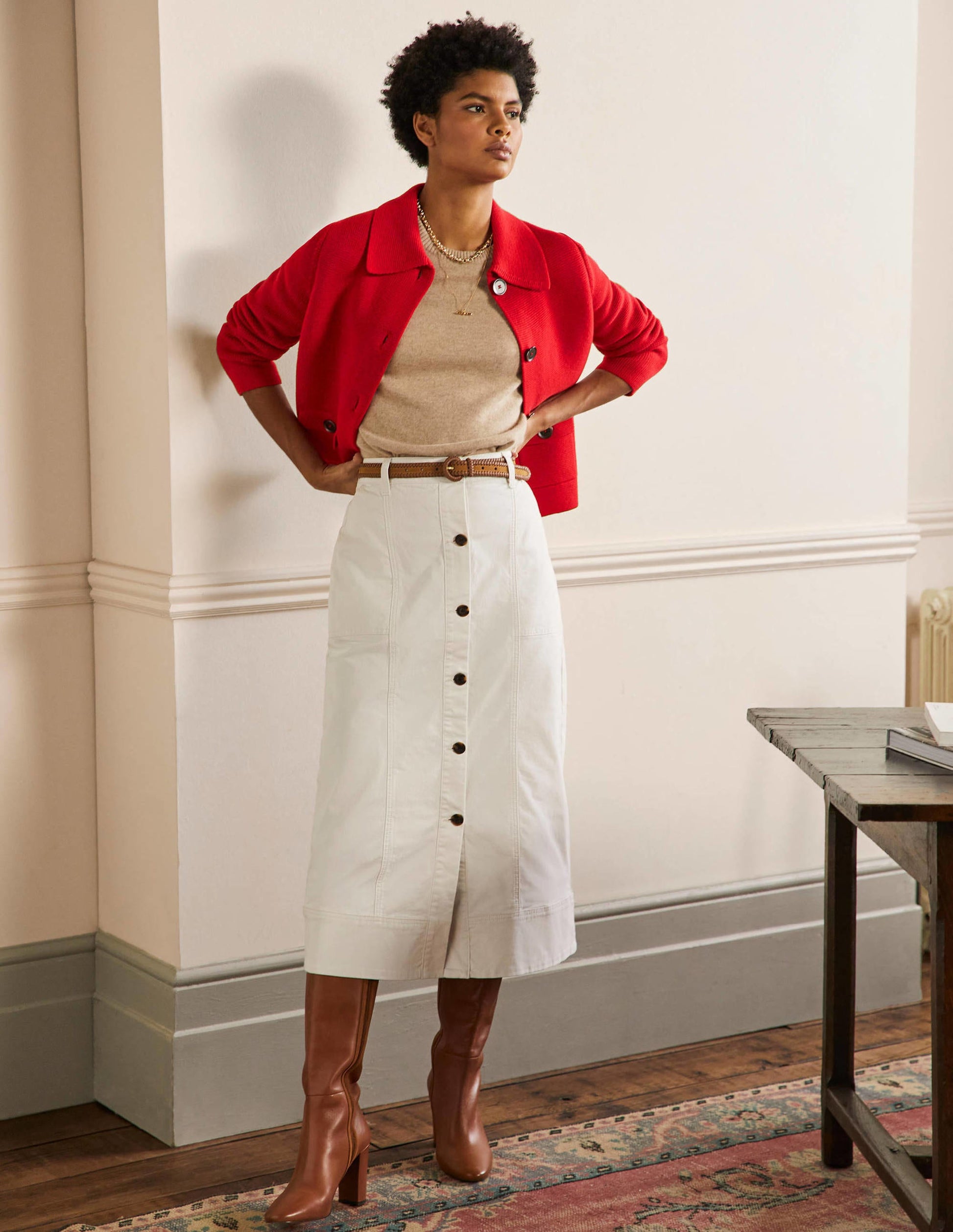 Cropped Collared Cardigan-Dragon Red-4