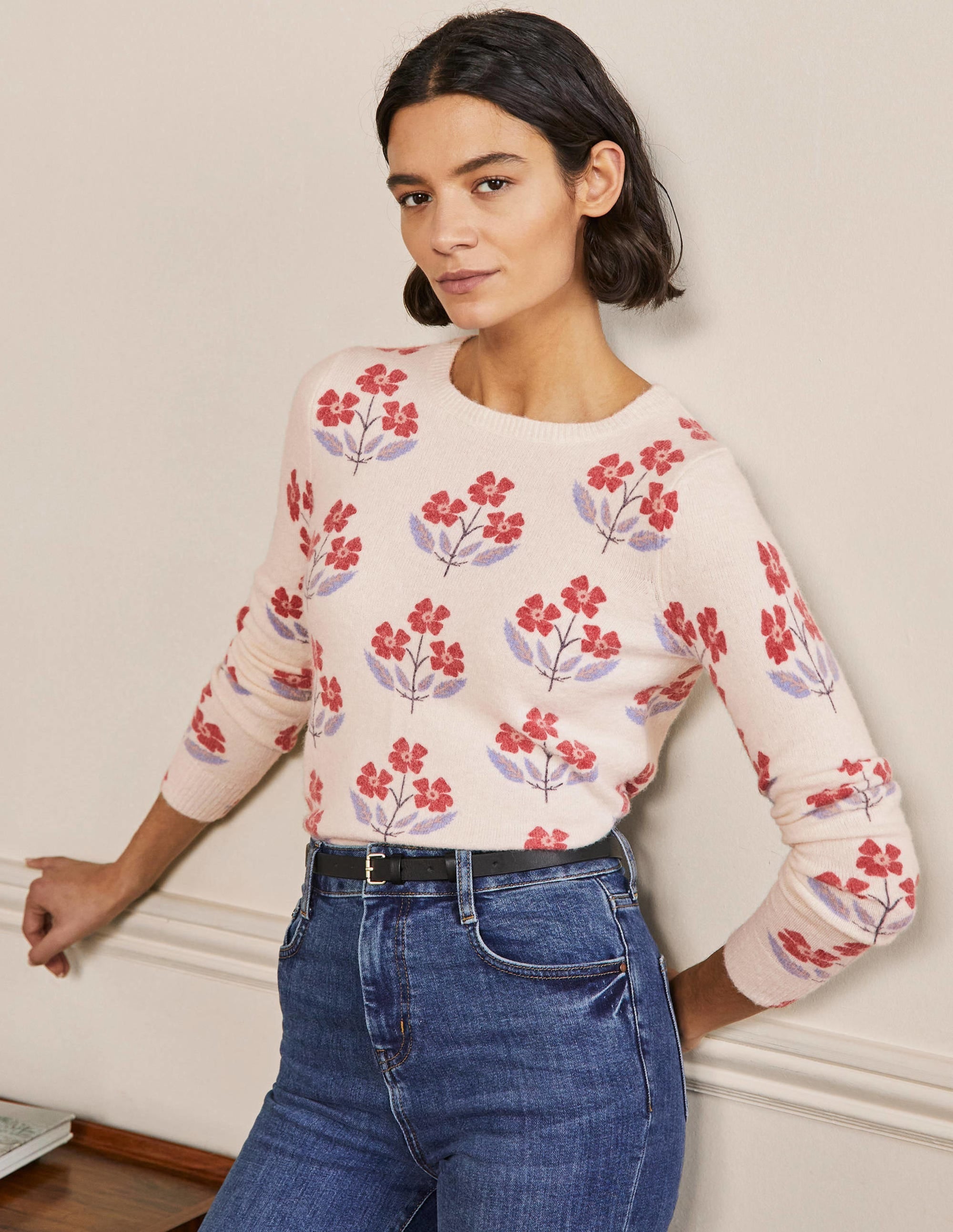 Printed Fluffy Jumper-Ivory, Blossoming Bud - Image 1