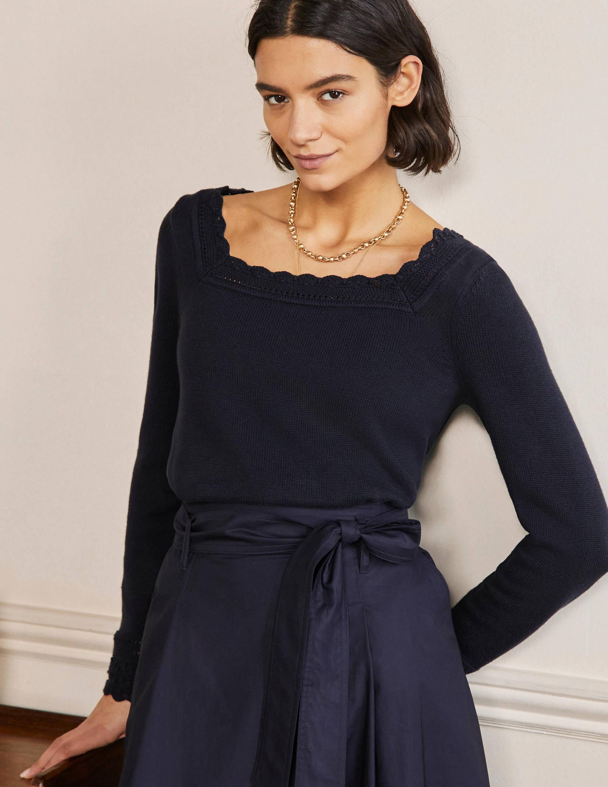 Scallop Crochet Trim Jumper-Navy-1