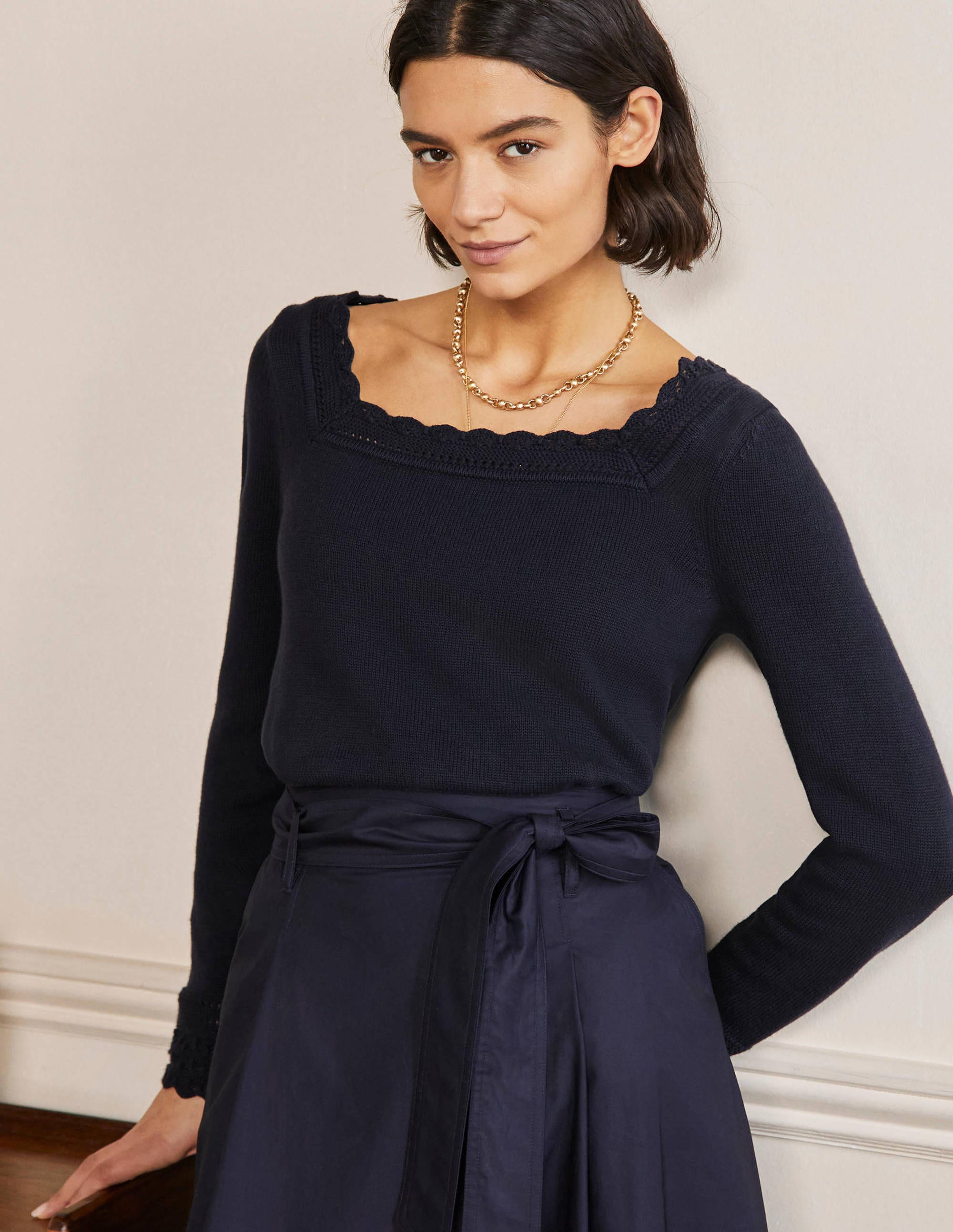 Scallop Crochet Trim Jumper-Navy - Image 1