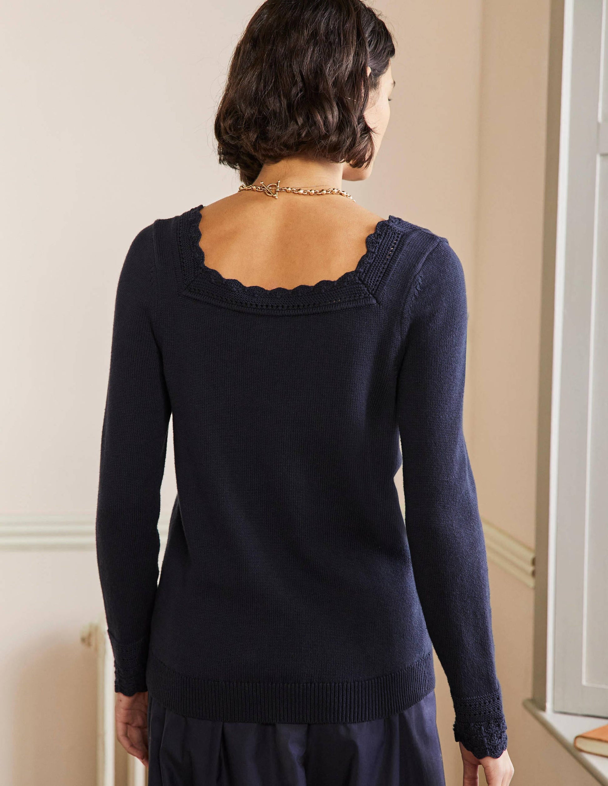 Scallop Crochet Trim Jumper-Navy-3