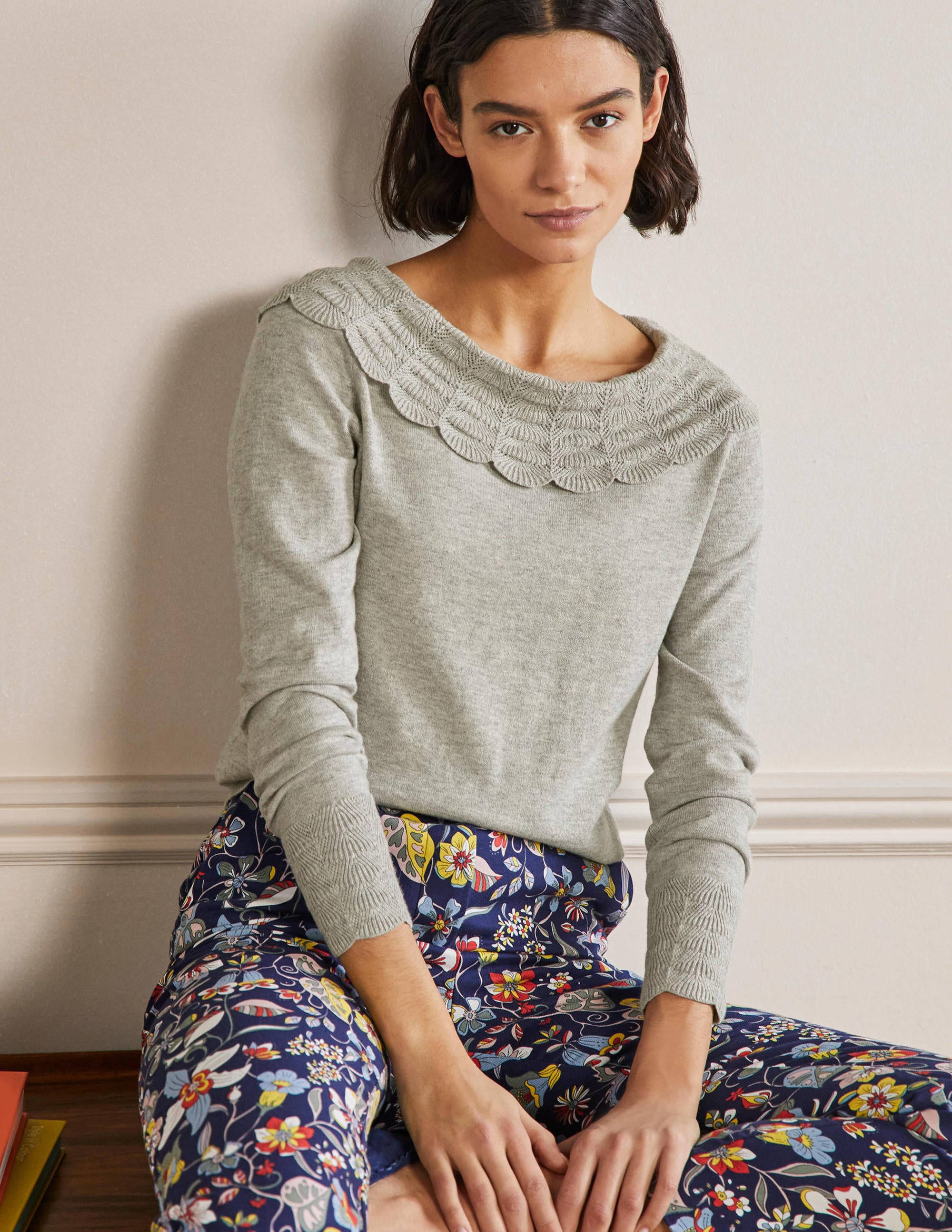 Tie Back Collar Jumper-Grey Melange - Image 1