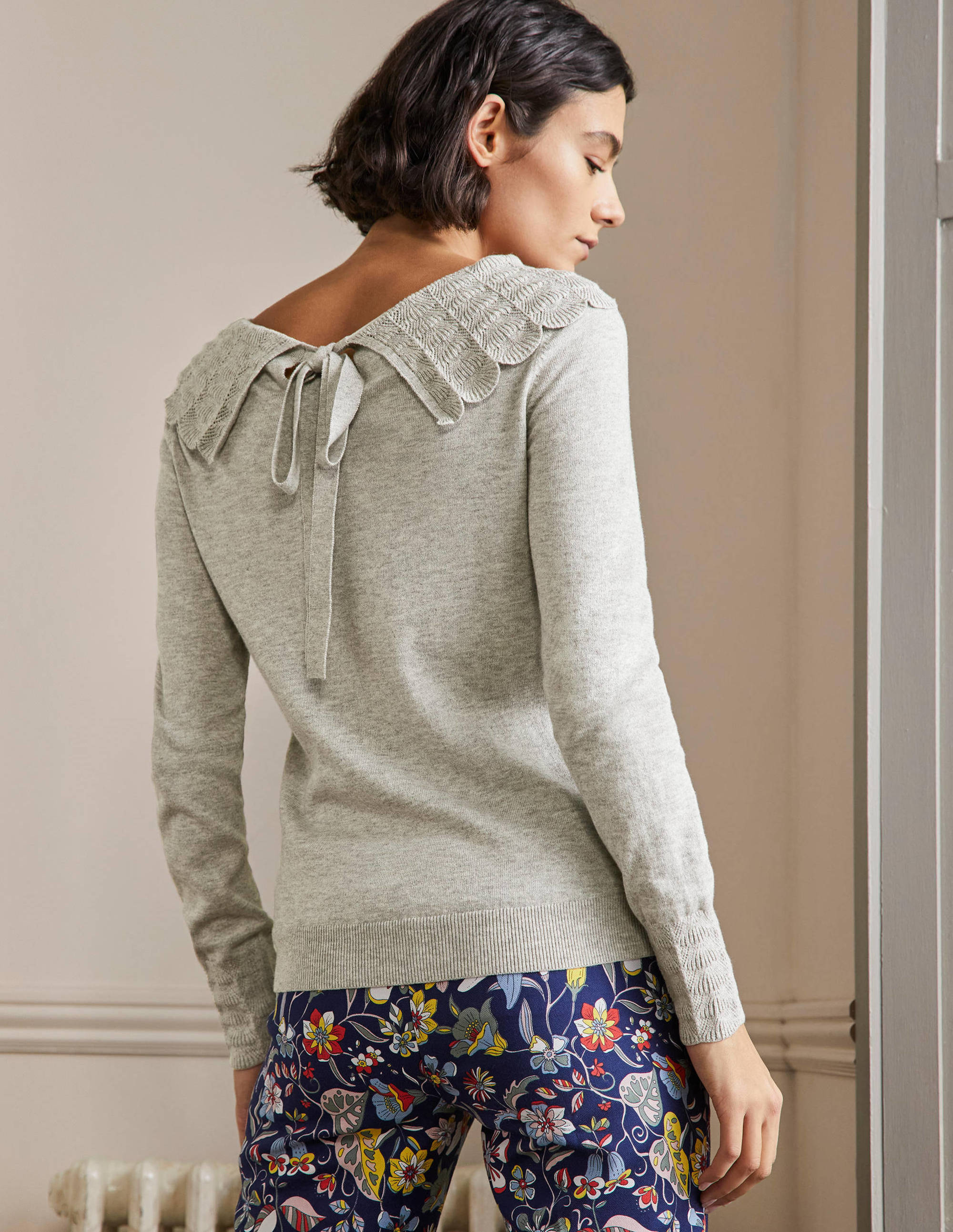 Tie Back Collar Jumper-Grey Melange - Image 3