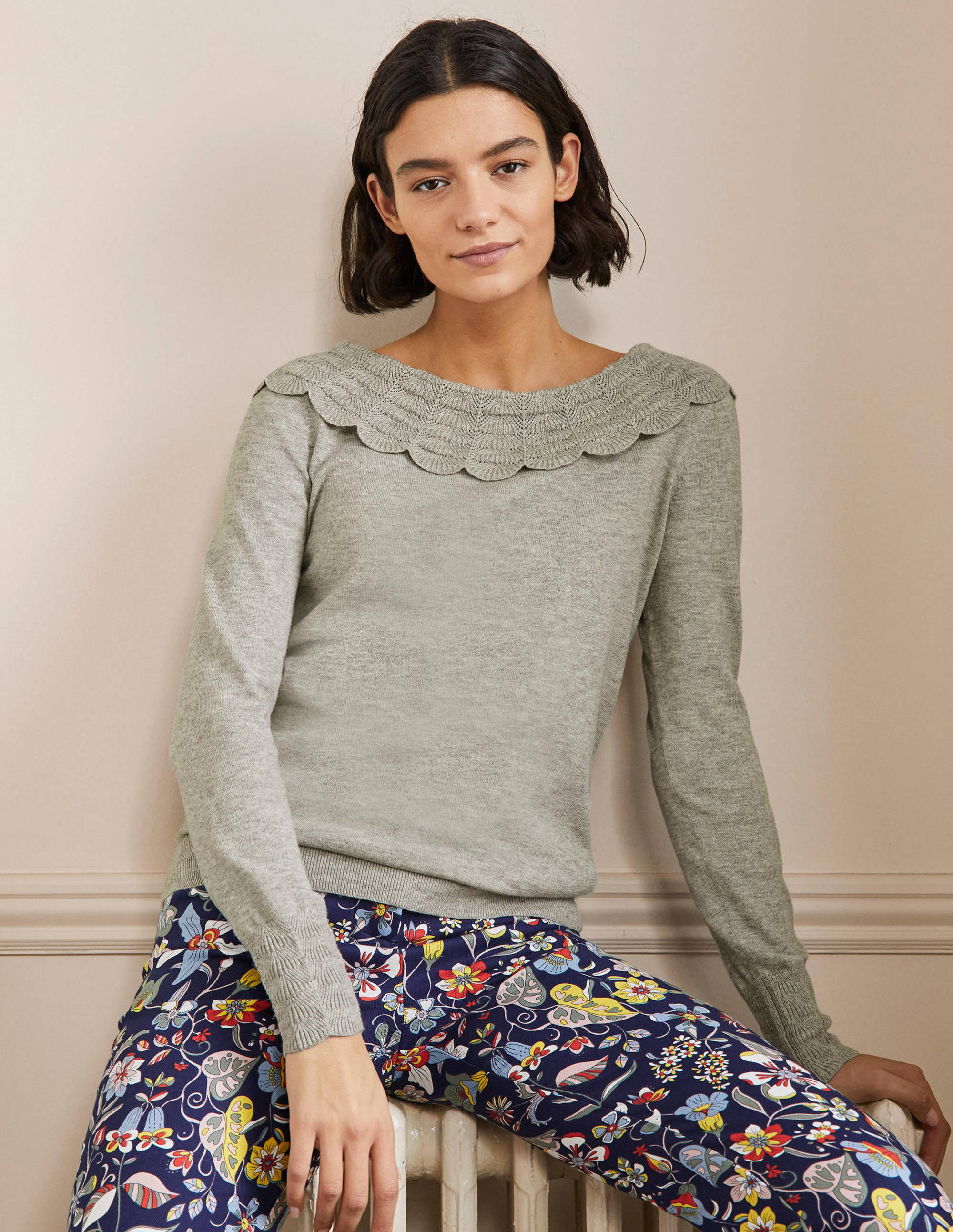Tie Back Collar Jumper-Grey Melange - Image 4