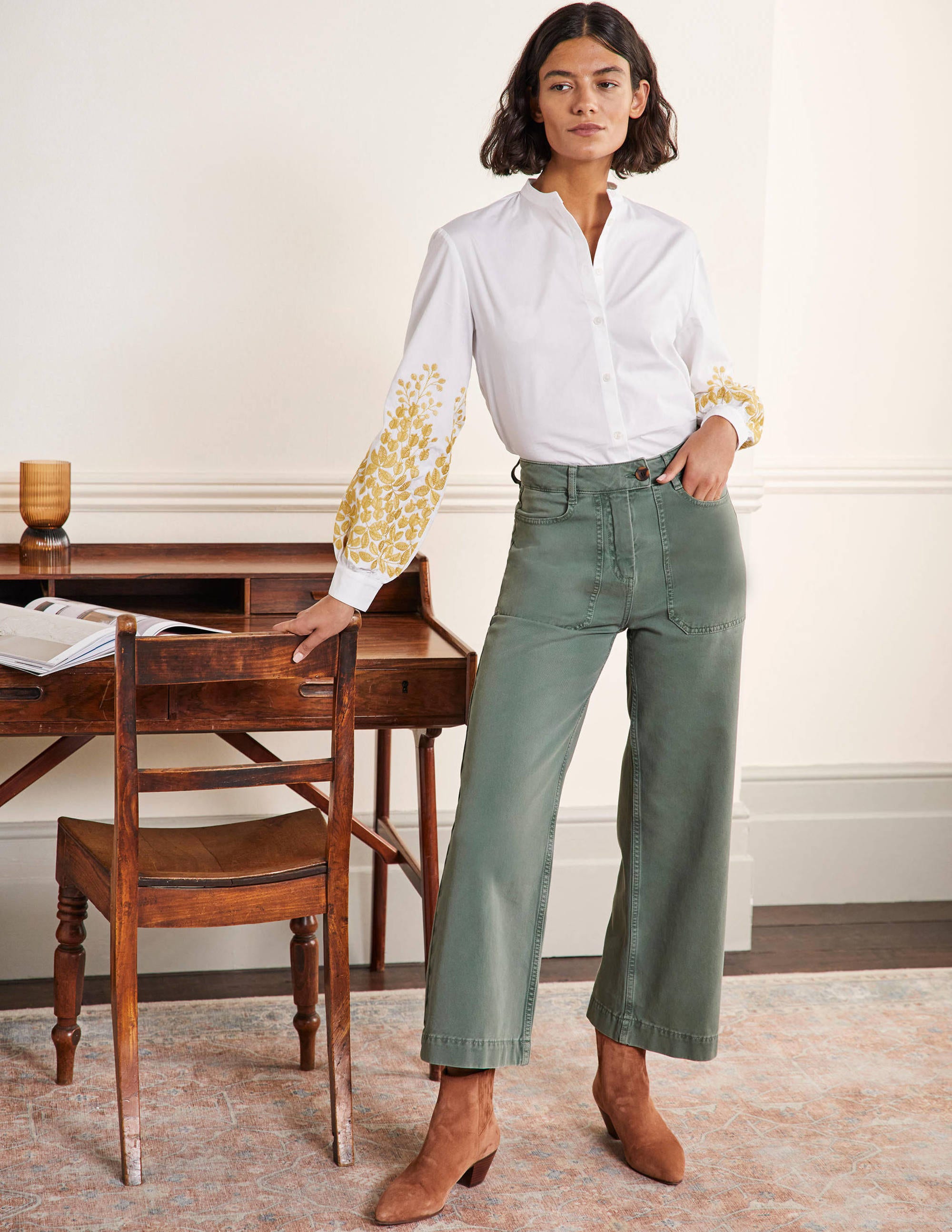 Wide Leg Cotton Twill Trousers-Alder - Image 1