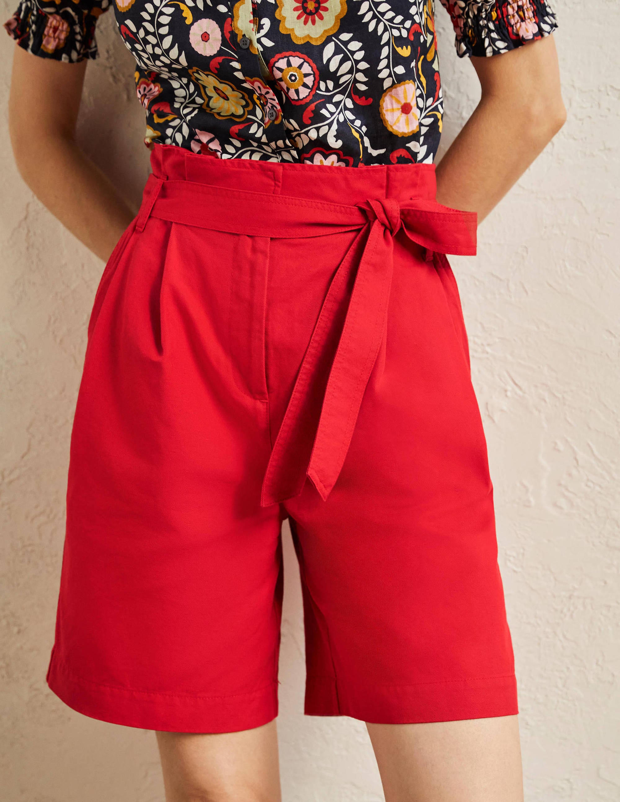 Paperbag High Waisted Shorts-Red - Image 4