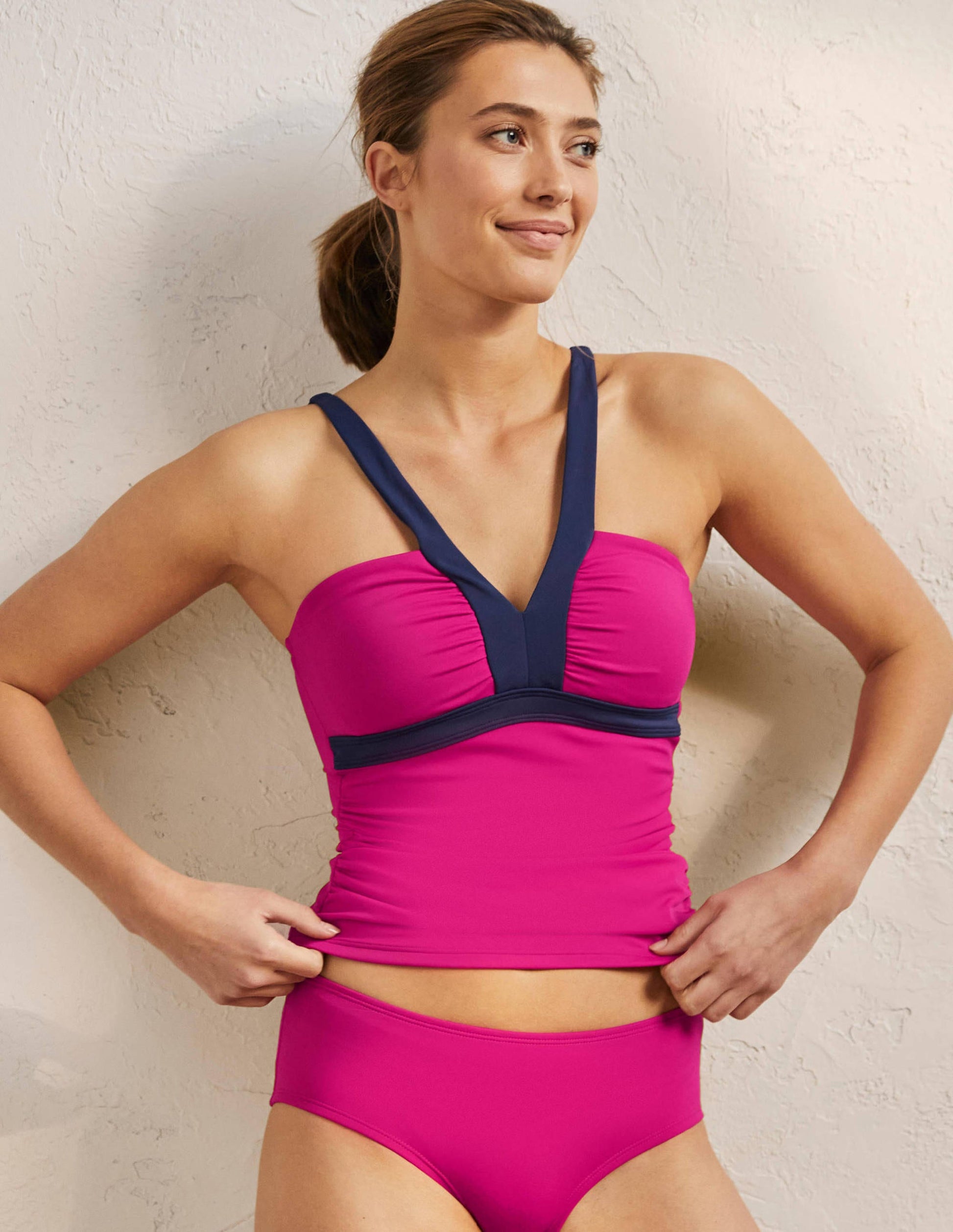 Corsica V-neck Tankini Top-Cherry Pink Colourblock-4