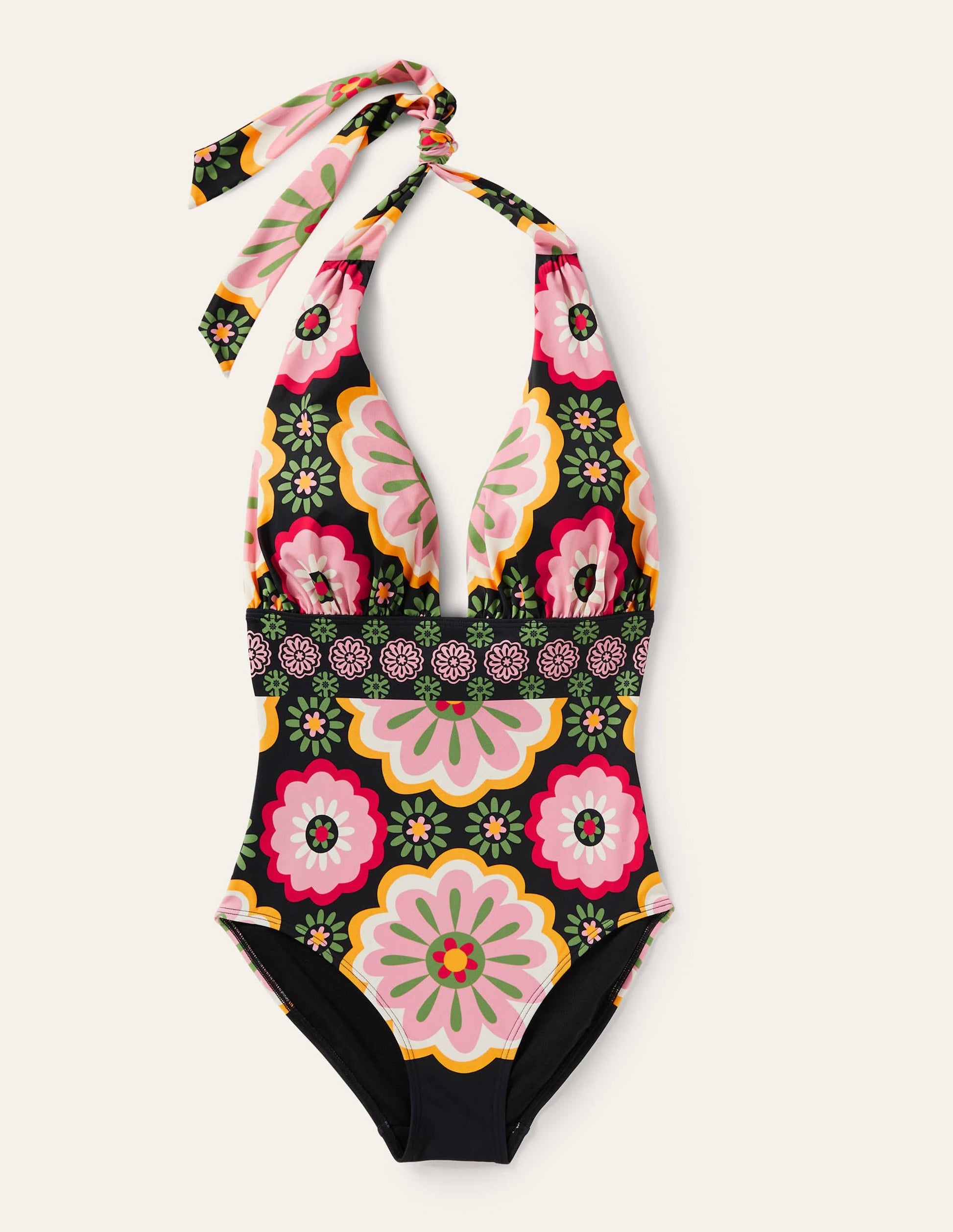 Merano Deep V-neck Swimsuit-Black, Opulent Daisy-5