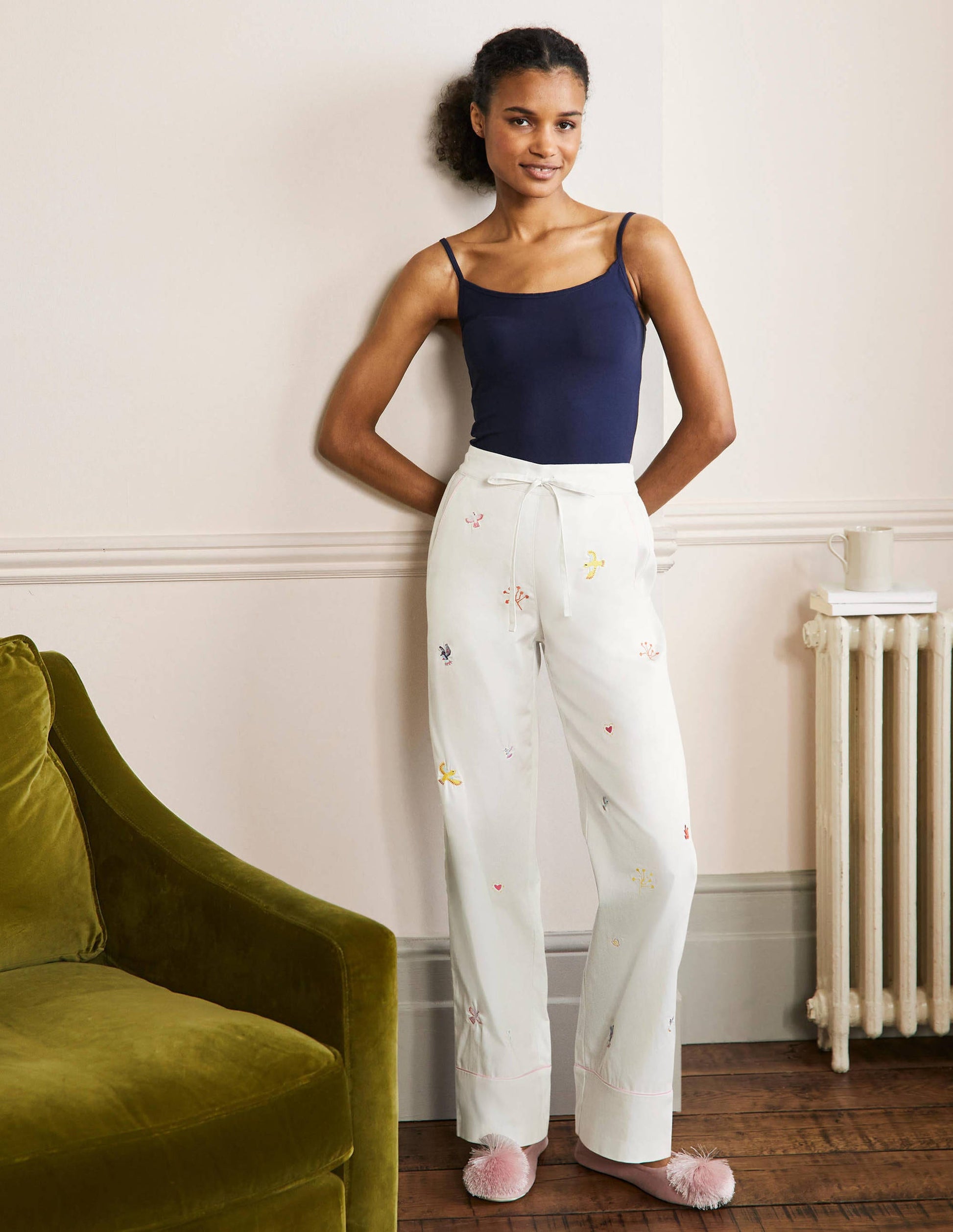 Cotton Pyjama Trousers-Ivory, Embroidery-1