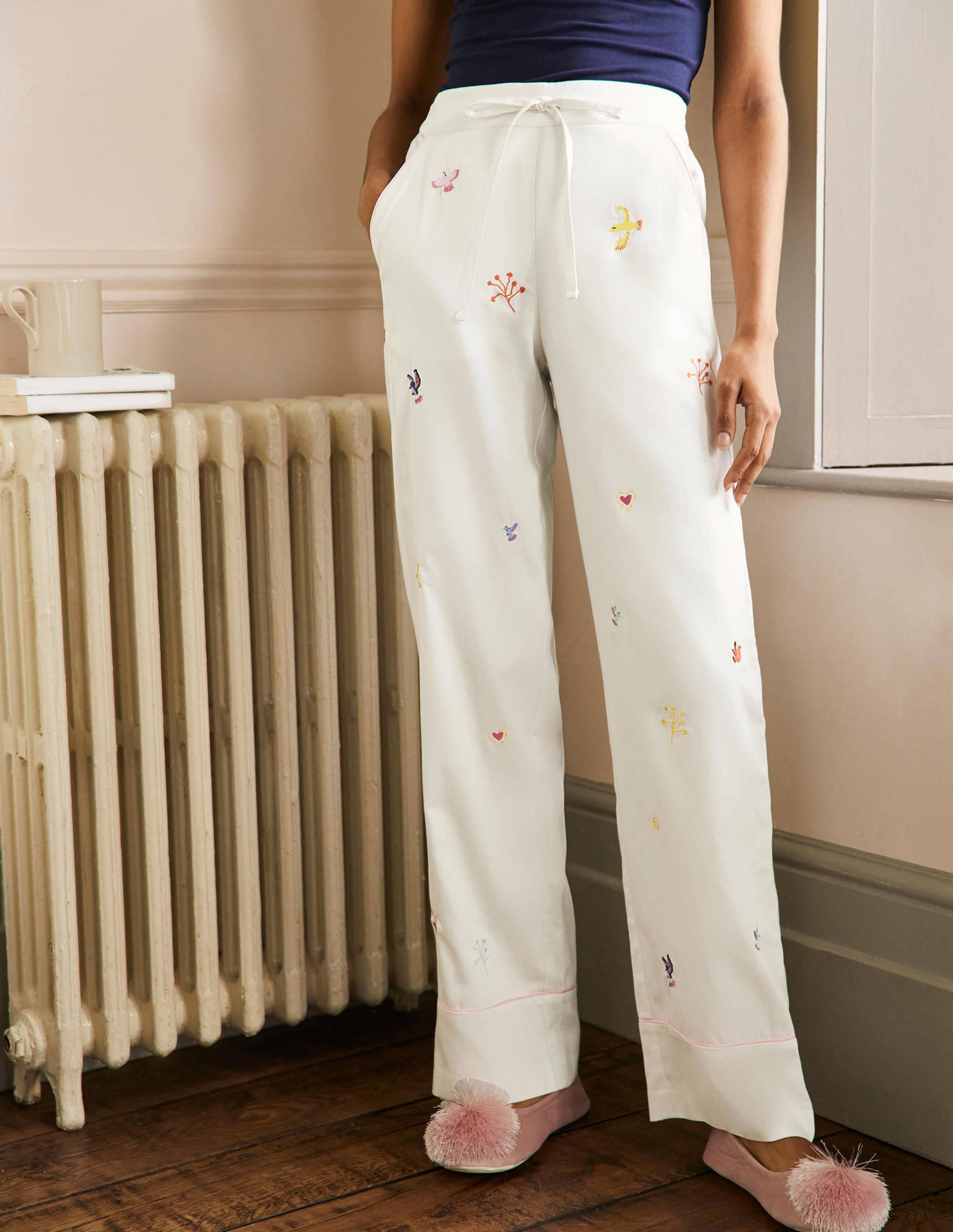Cotton Pyjama Trousers-Ivory, Embroidery - Image 3