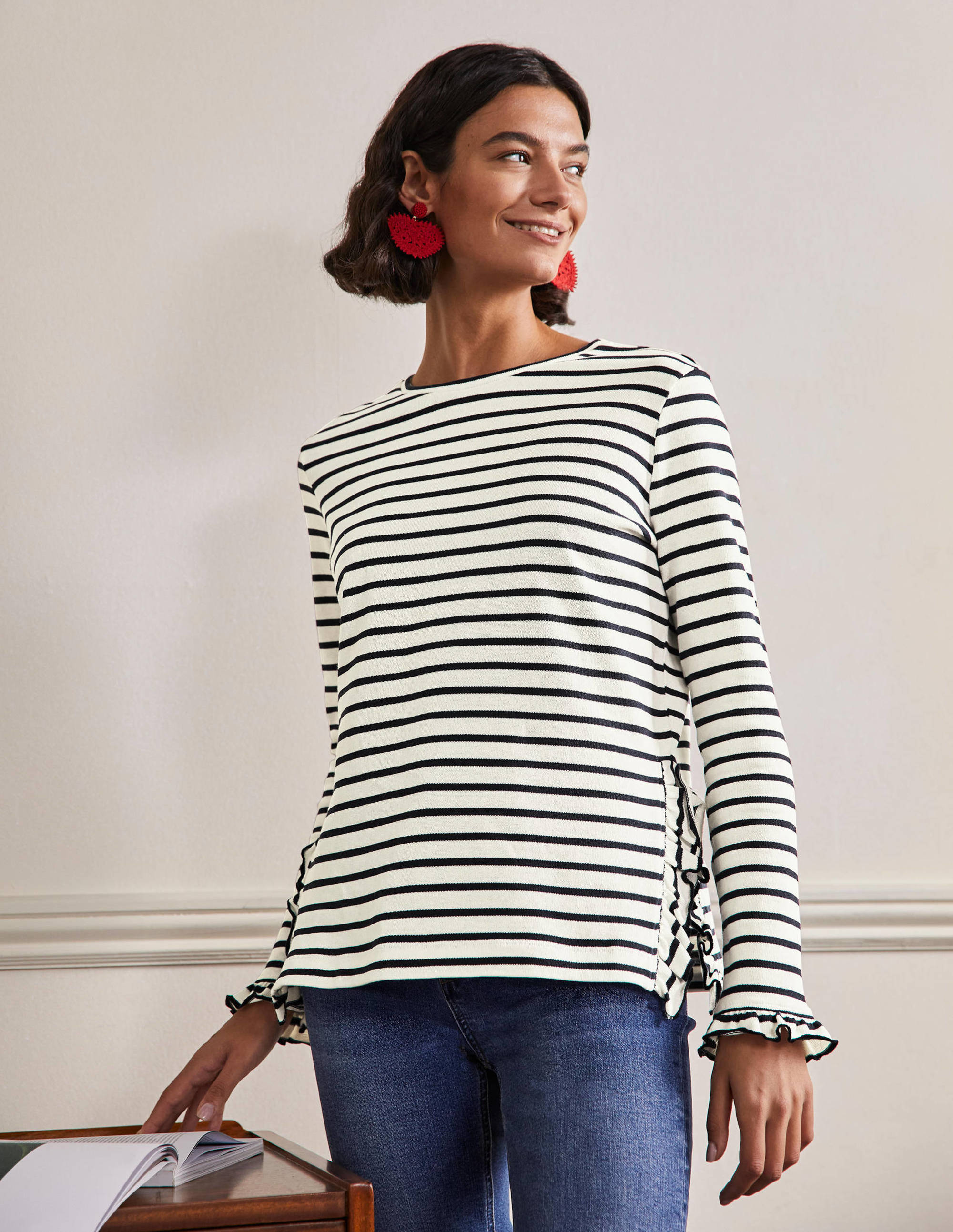 Frilled Side Split Jersey Top-Ivory / Navy Stripe - Image 1