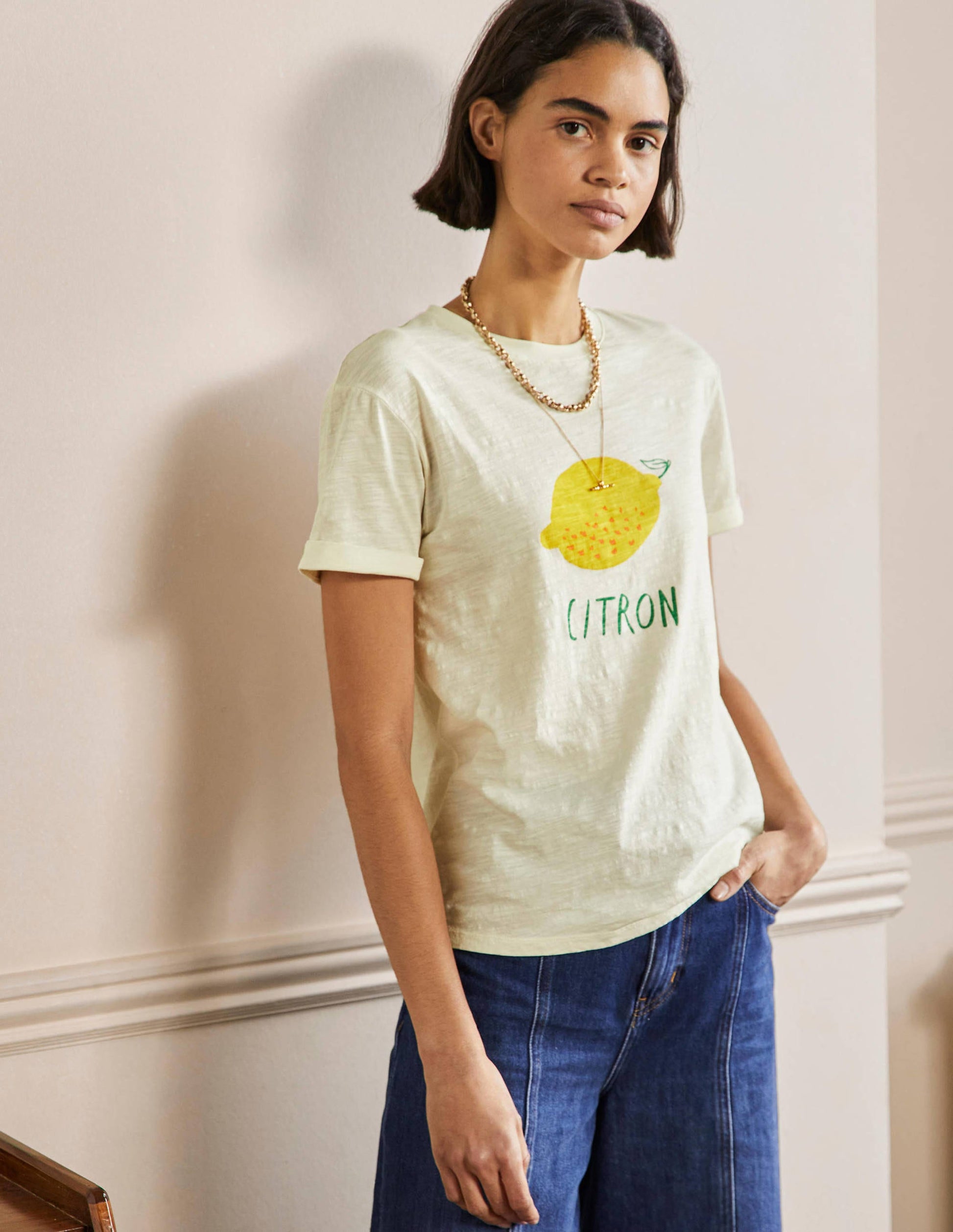 Turn Up Cuff Cotton T-shirt-Ivory, Lemon-1