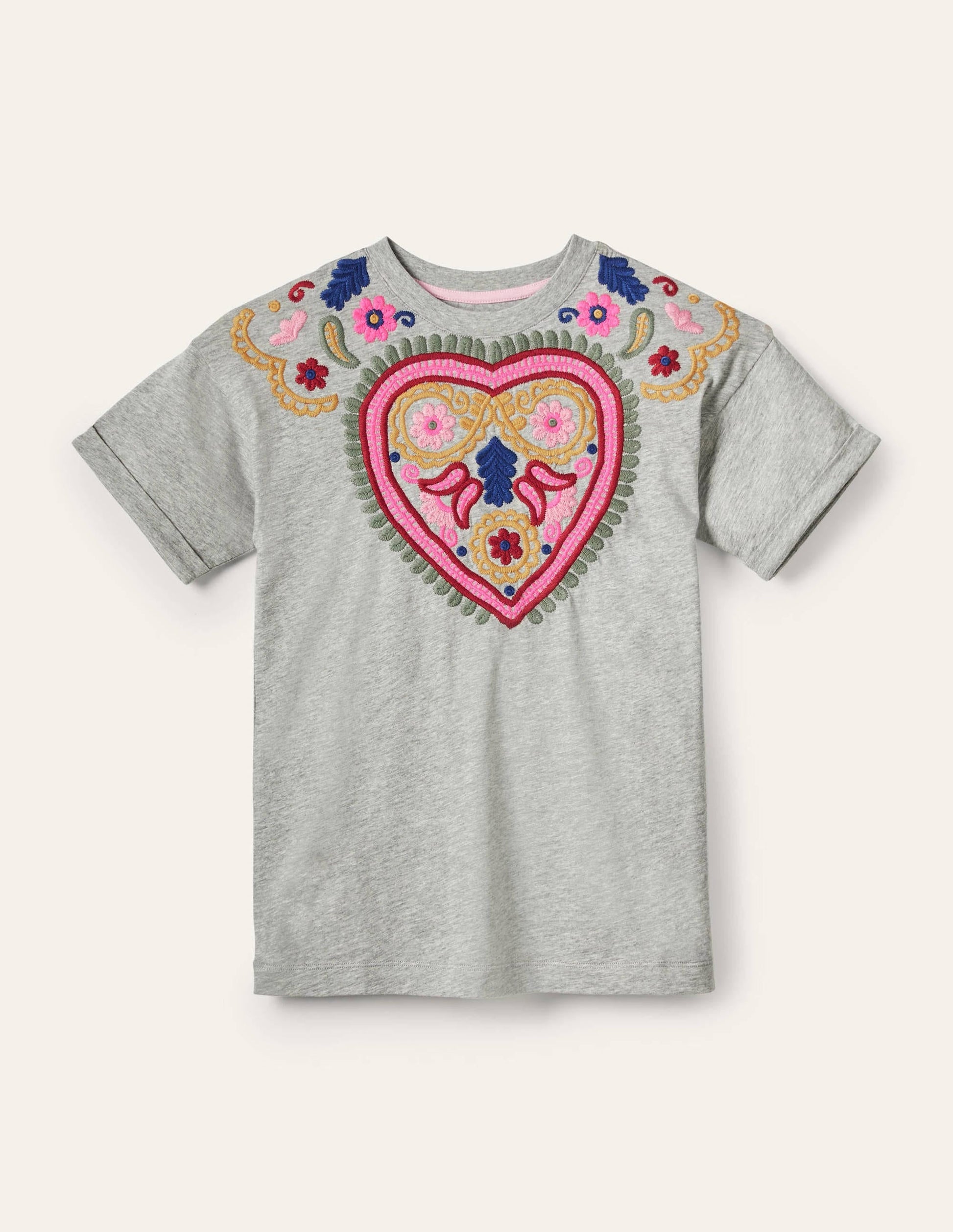 Turn Up Cuff Cotton T-shirt-Grey Marl, Heart Embroidery-4