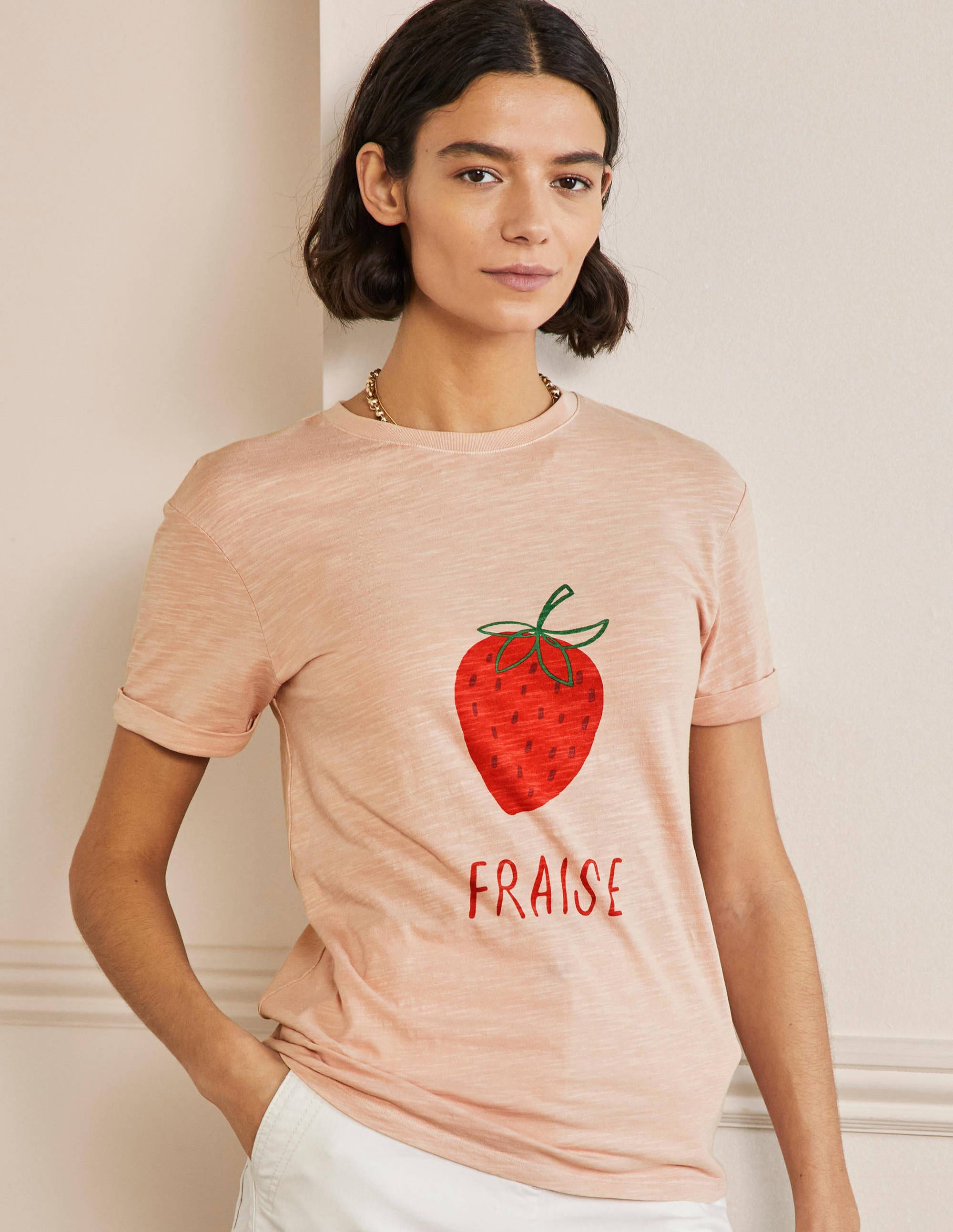 Turn Up Cuff Cotton T-shirt-Milkshake, Strawberry - Image 1