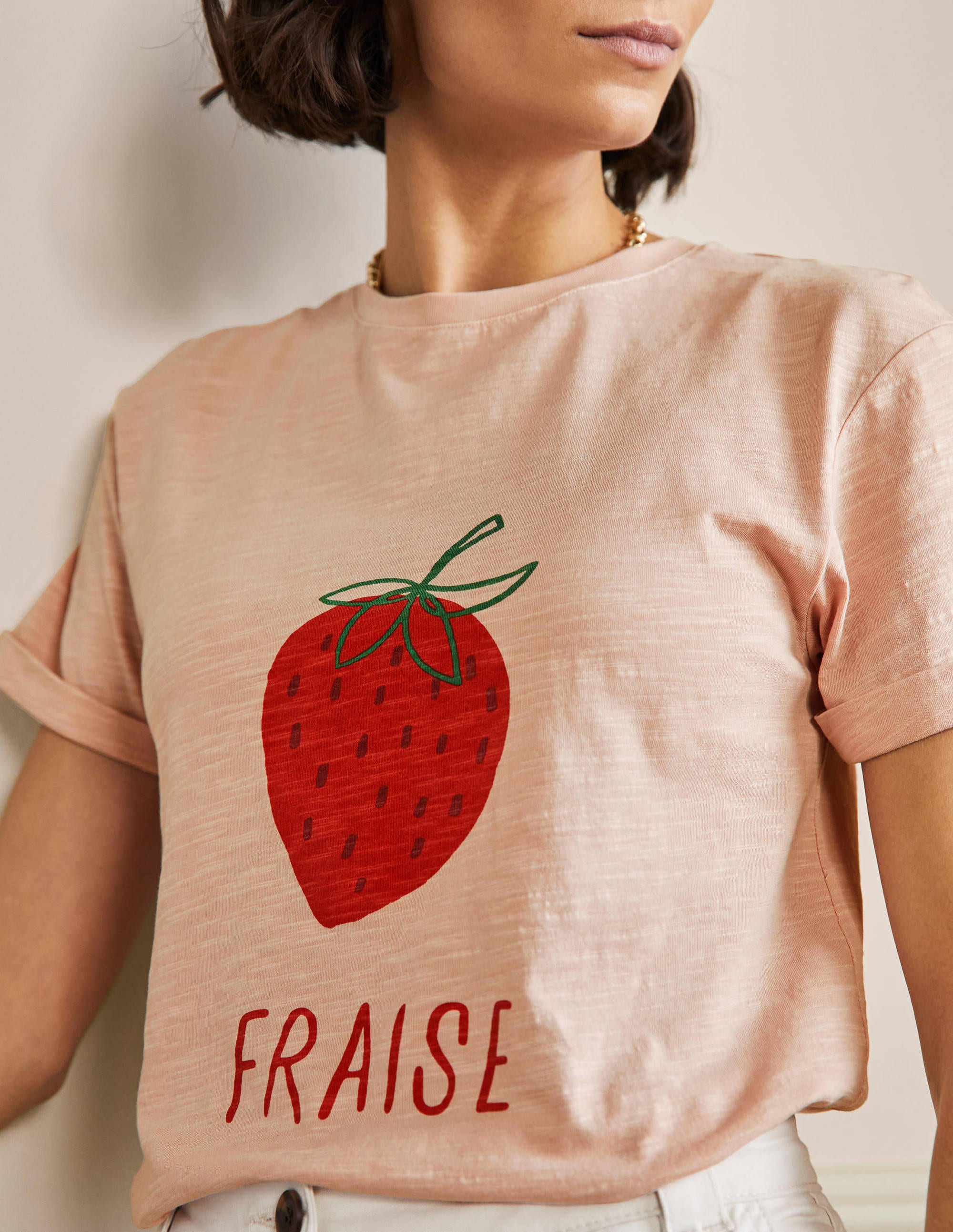 Turn Up Cuff Cotton T-shirt-Milkshake, Strawberry - Image 2