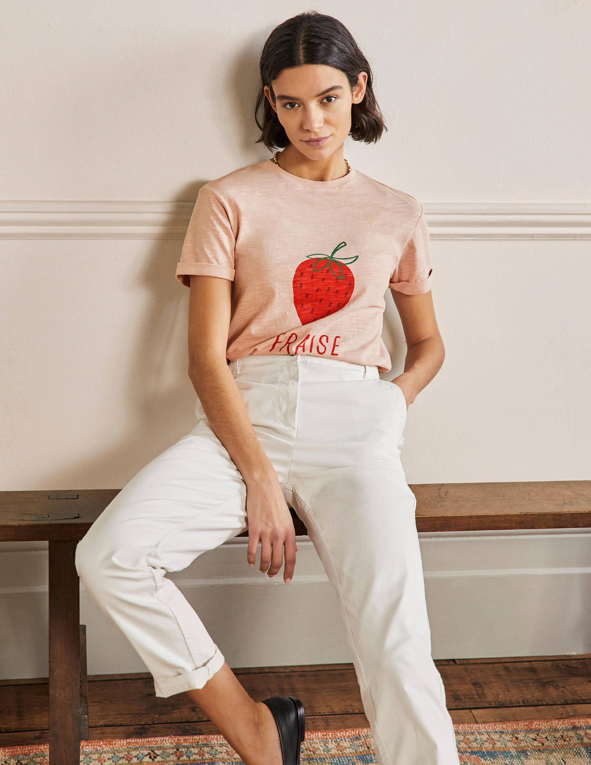 Turn Up Cuff Cotton T-shirt-Milkshake, Strawberry - Image 4