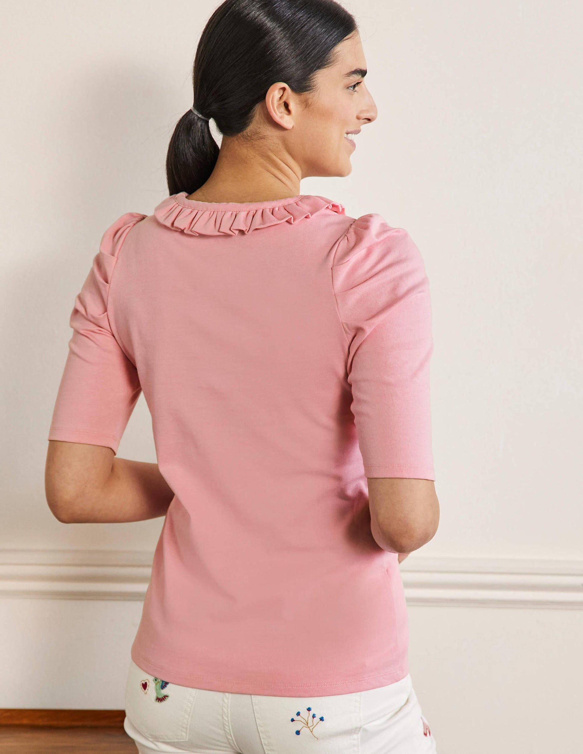 Puff Sleeve Frill Neck T-Shirt-Cameo Pink-3