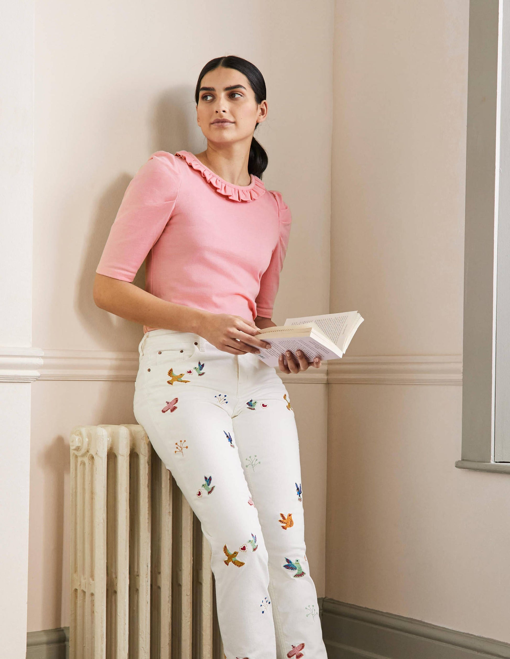 Puff Sleeve Frill Neck T-Shirt-Cameo Pink-4
