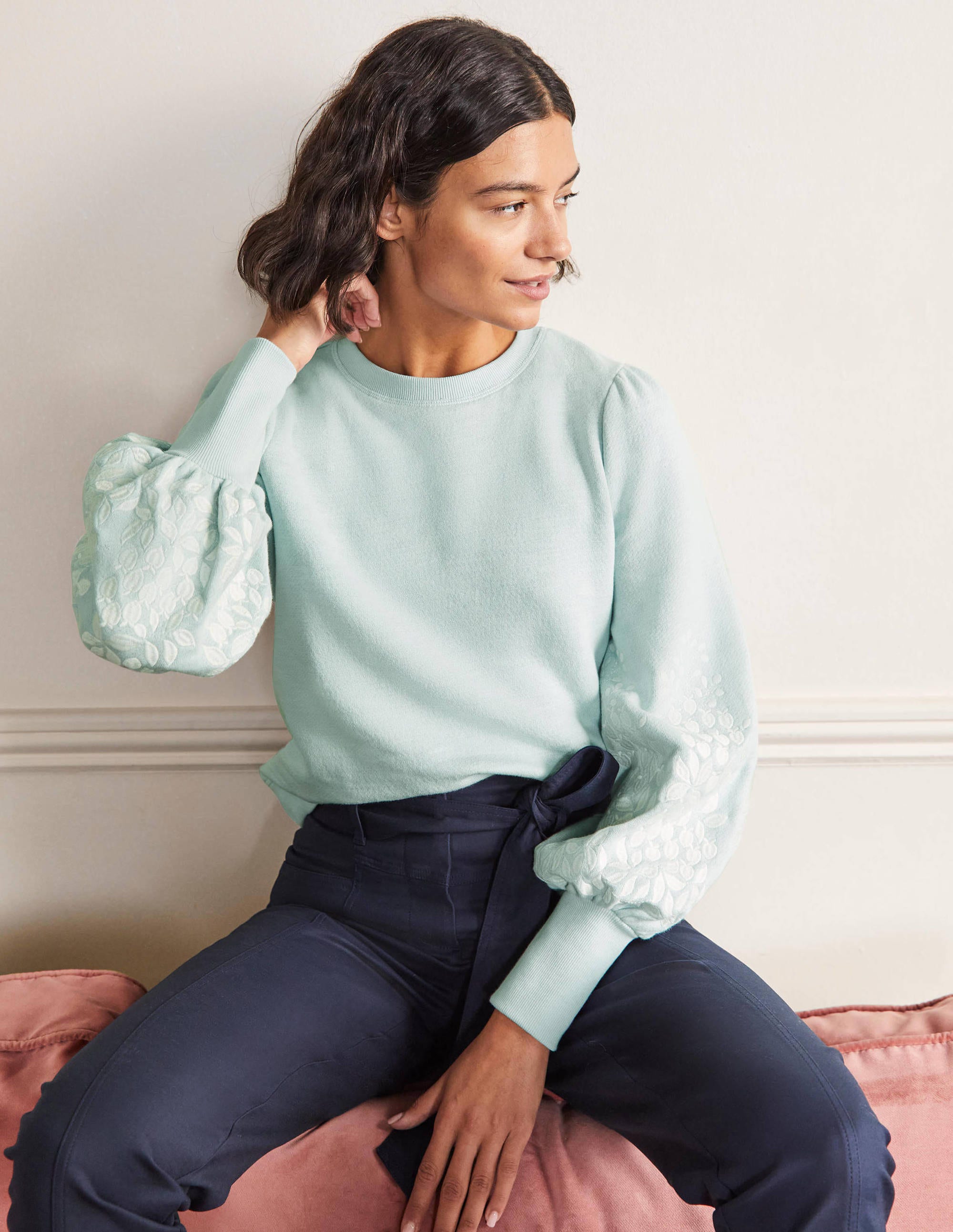 Embroidered Blouson Sweatshirt-Dawn Sky, Ivory Embroidery - Image 1