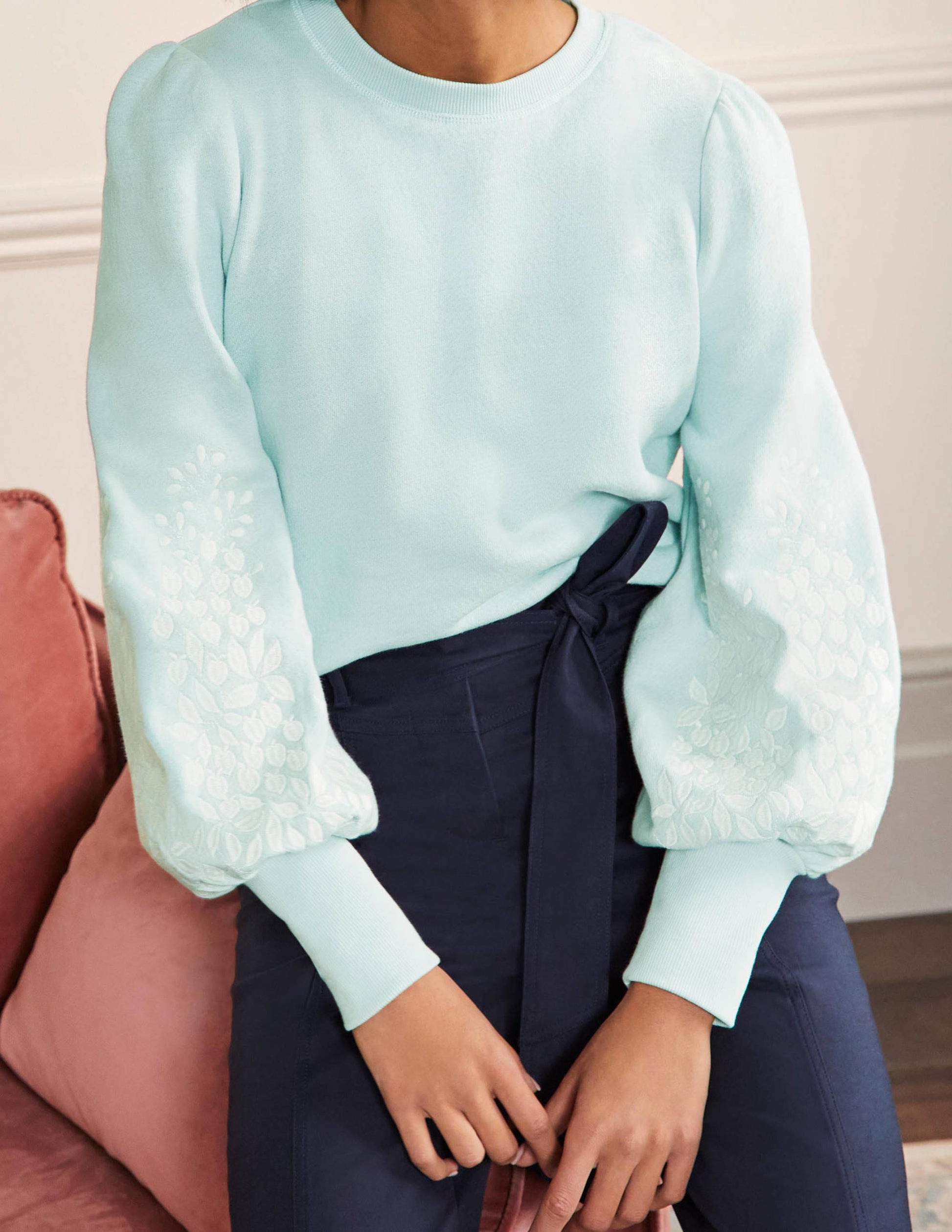 Embroidered Blouson Sweatshirt-Dawn Sky, Ivory Embroidery-4