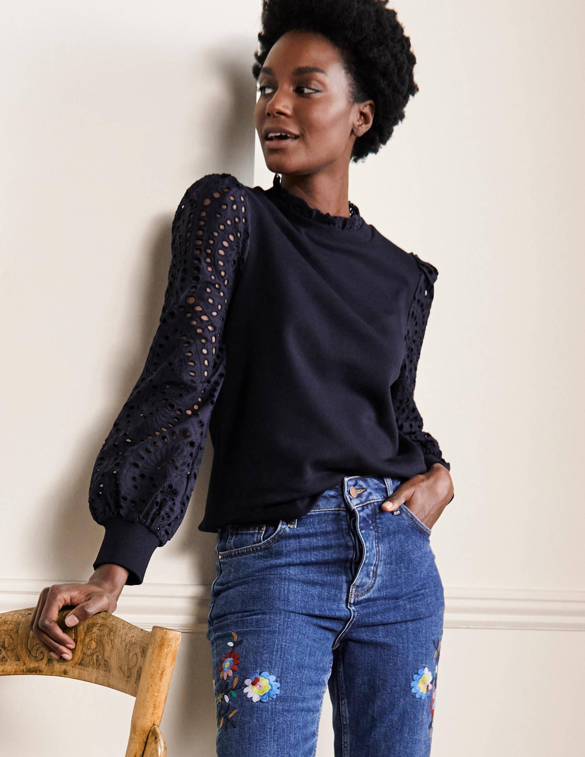 Broderie Blouson Sweatshirt-Navy - Image 1