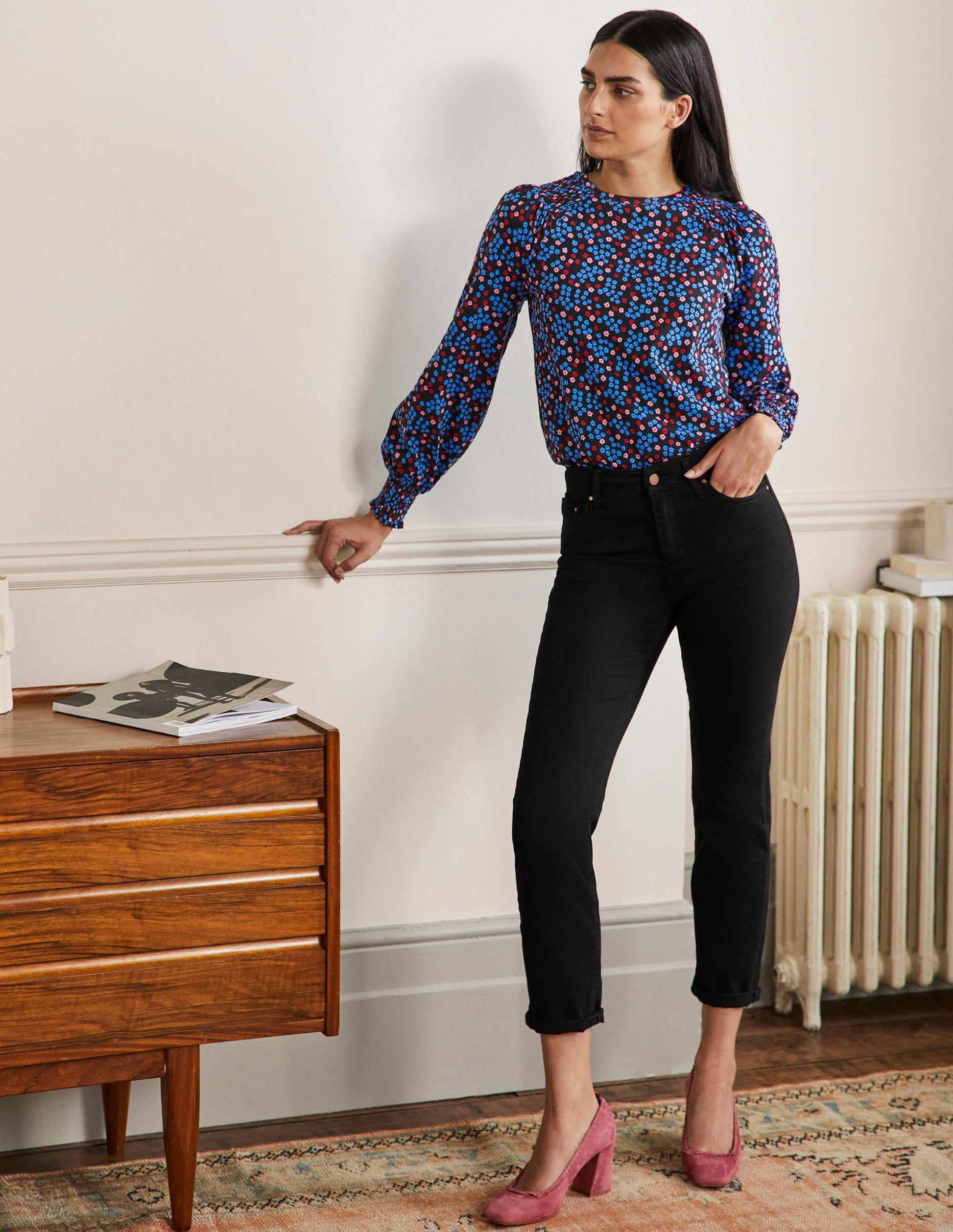 Smocked Blouson Jersey Top-Black Ditsy Cluster-4