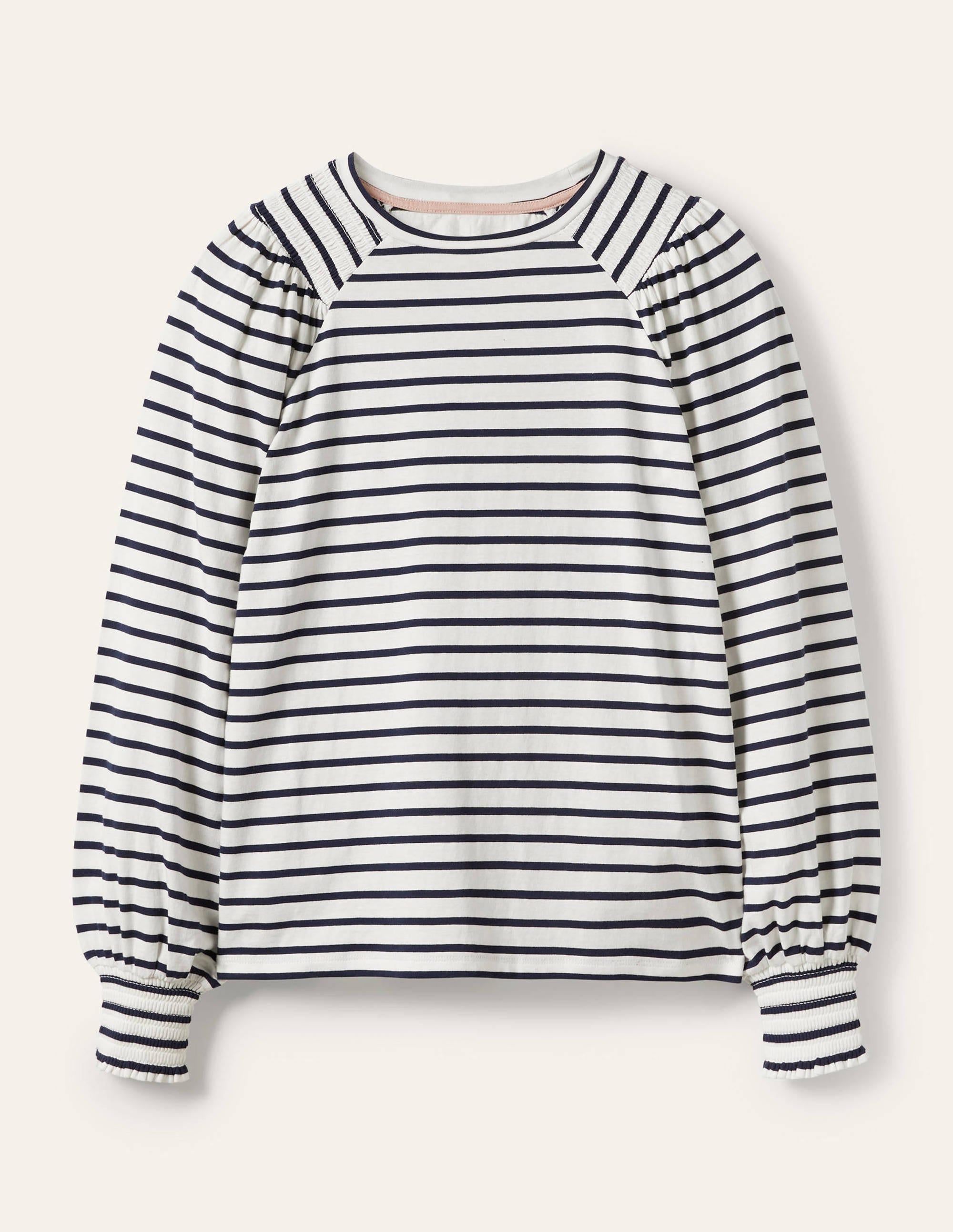 Smocked Blouson Jersey Top-Ivory / Navy Stripe - Image 5