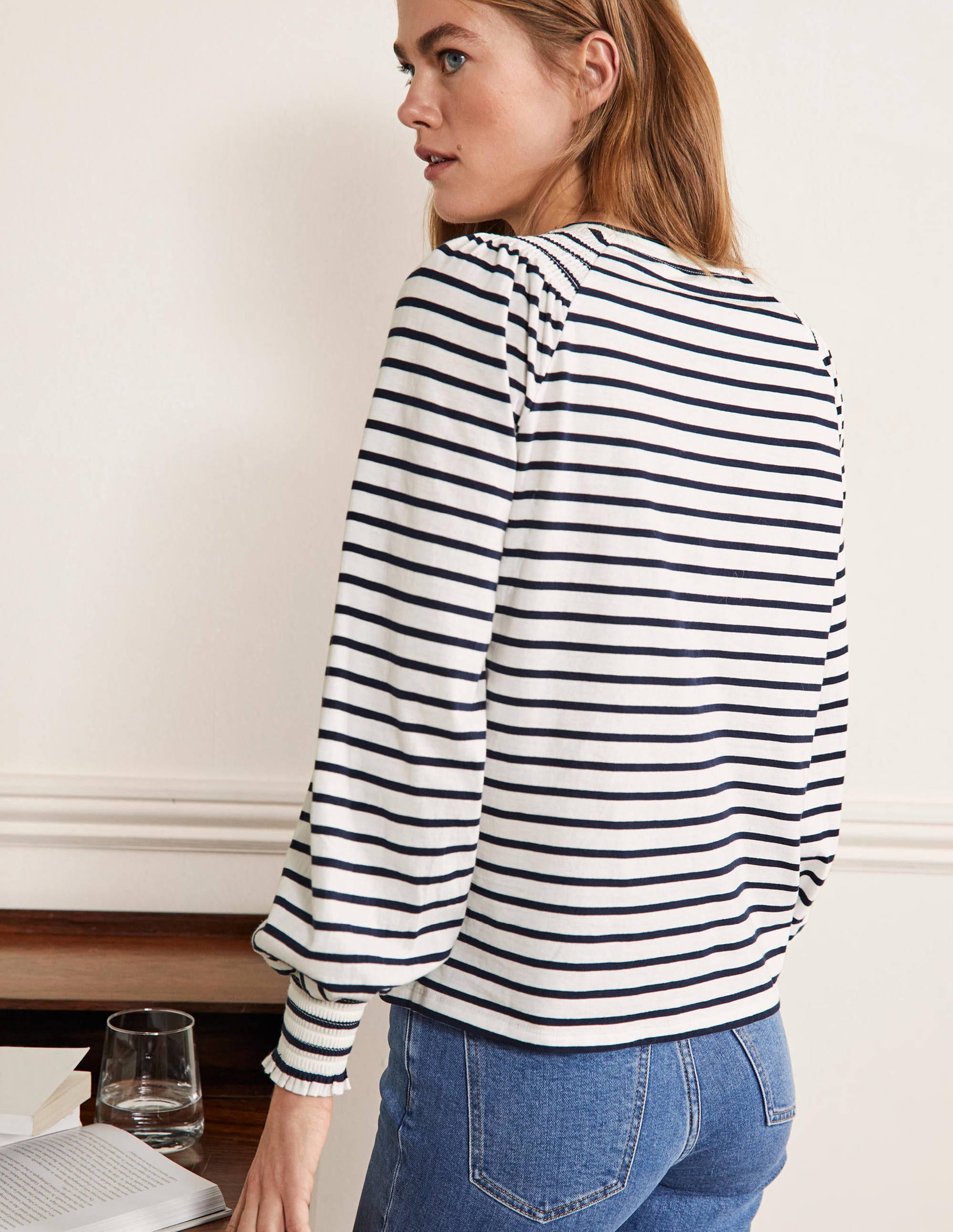 Smocked Blouson Jersey Top-Ivory / Navy Stripe - Image 3