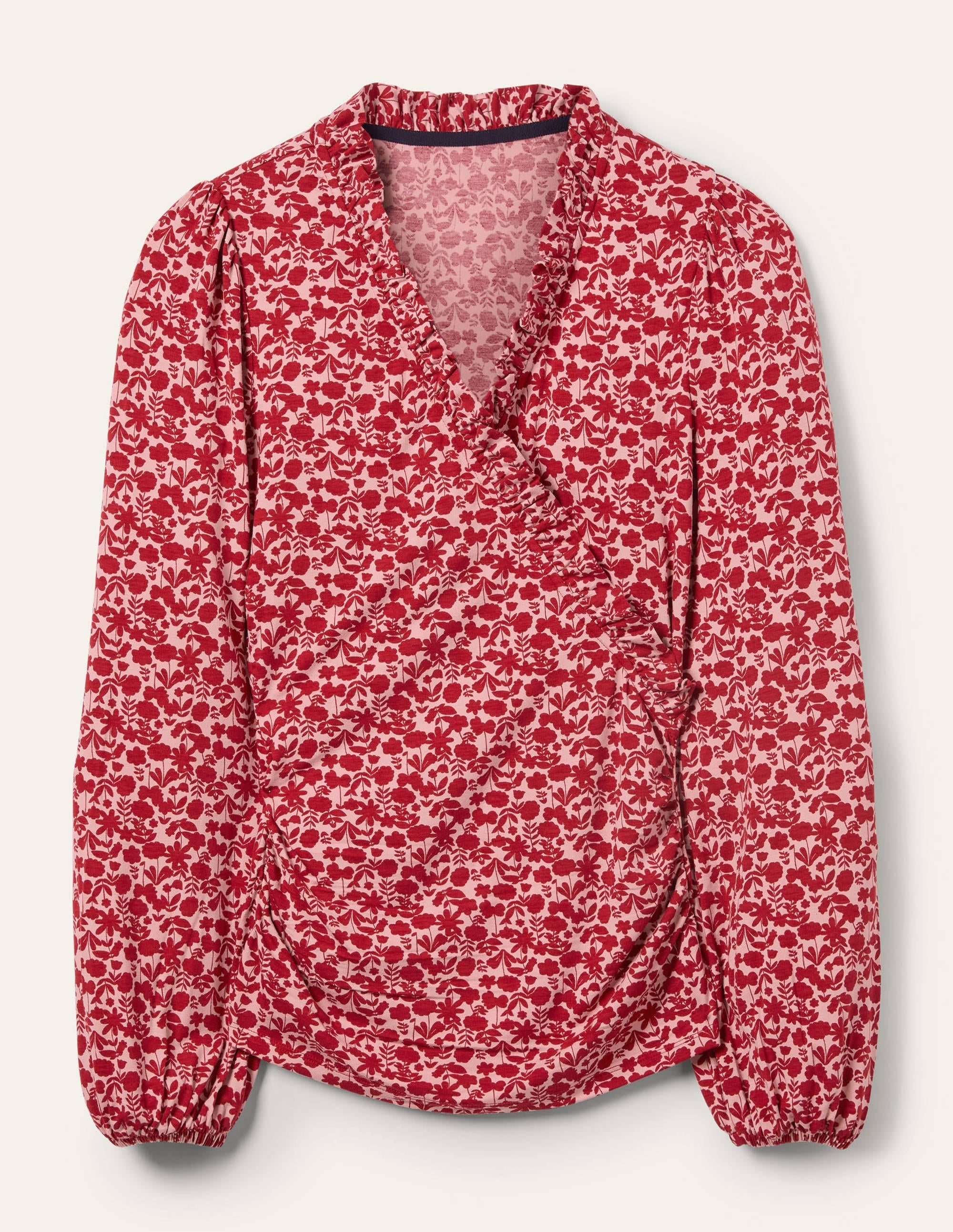 Frill Neck Blouson Wrap Top-Winterberry, Flora Bloom - Image 5