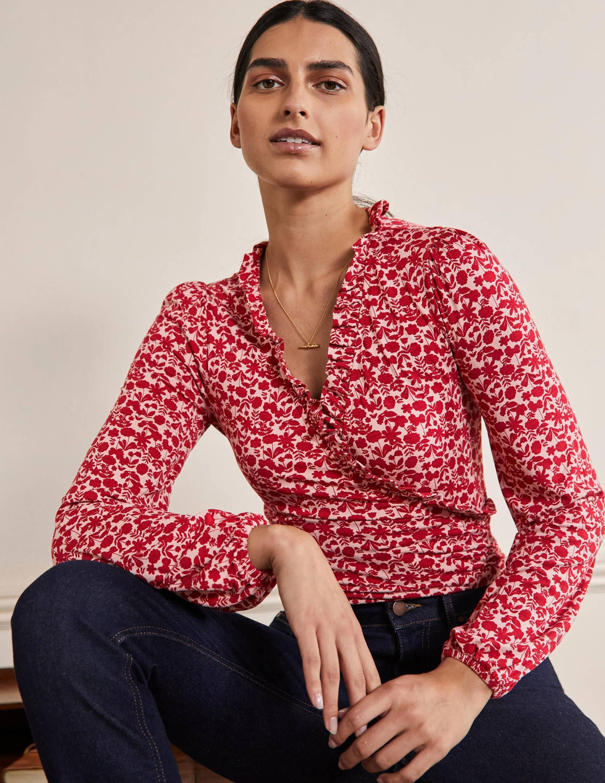 Frill Neck Blouson Wrap Top-Winterberry, Flora Bloom - Image 1