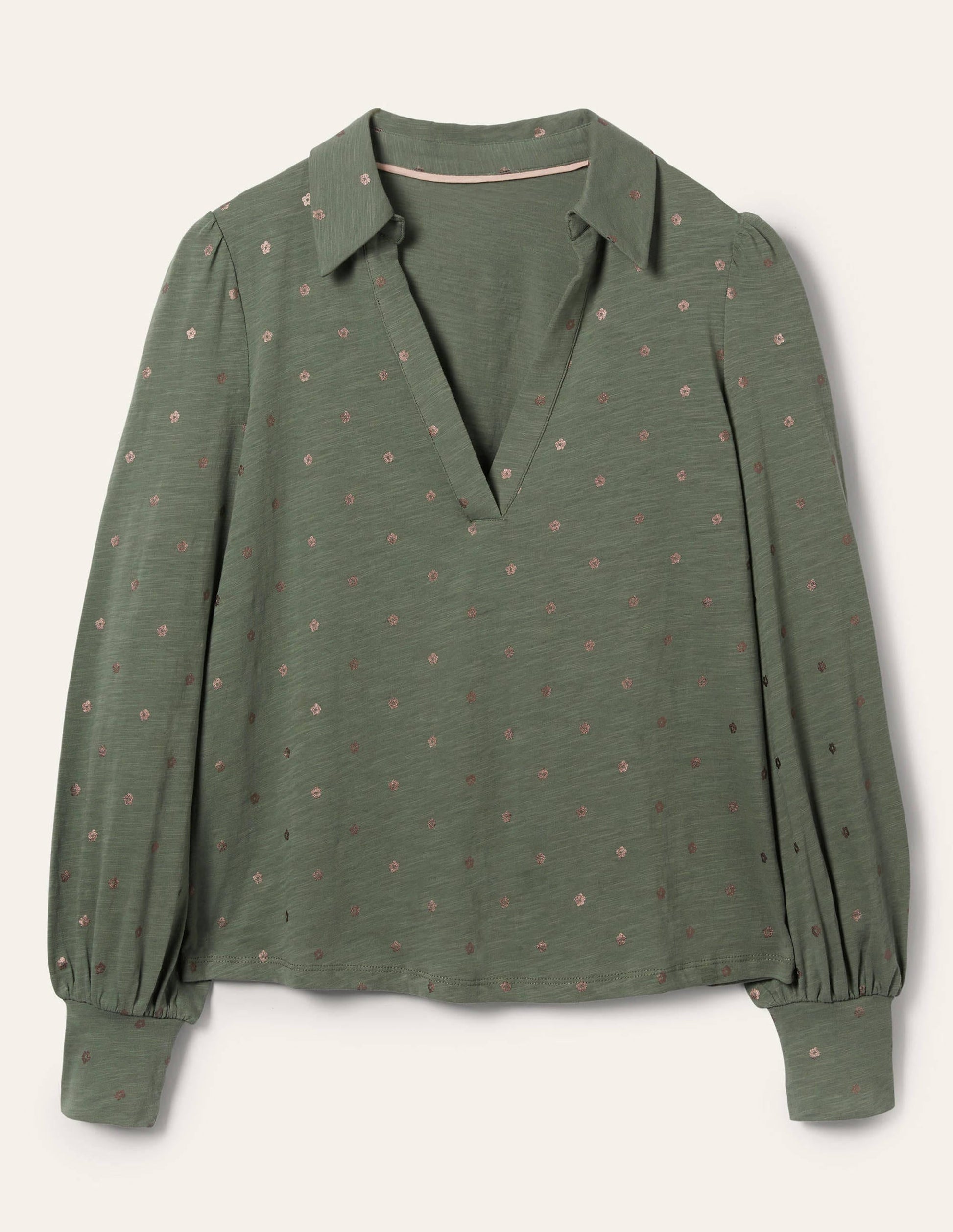 Collared Notch Neck Cotton Top-Alder Foil Flower-5