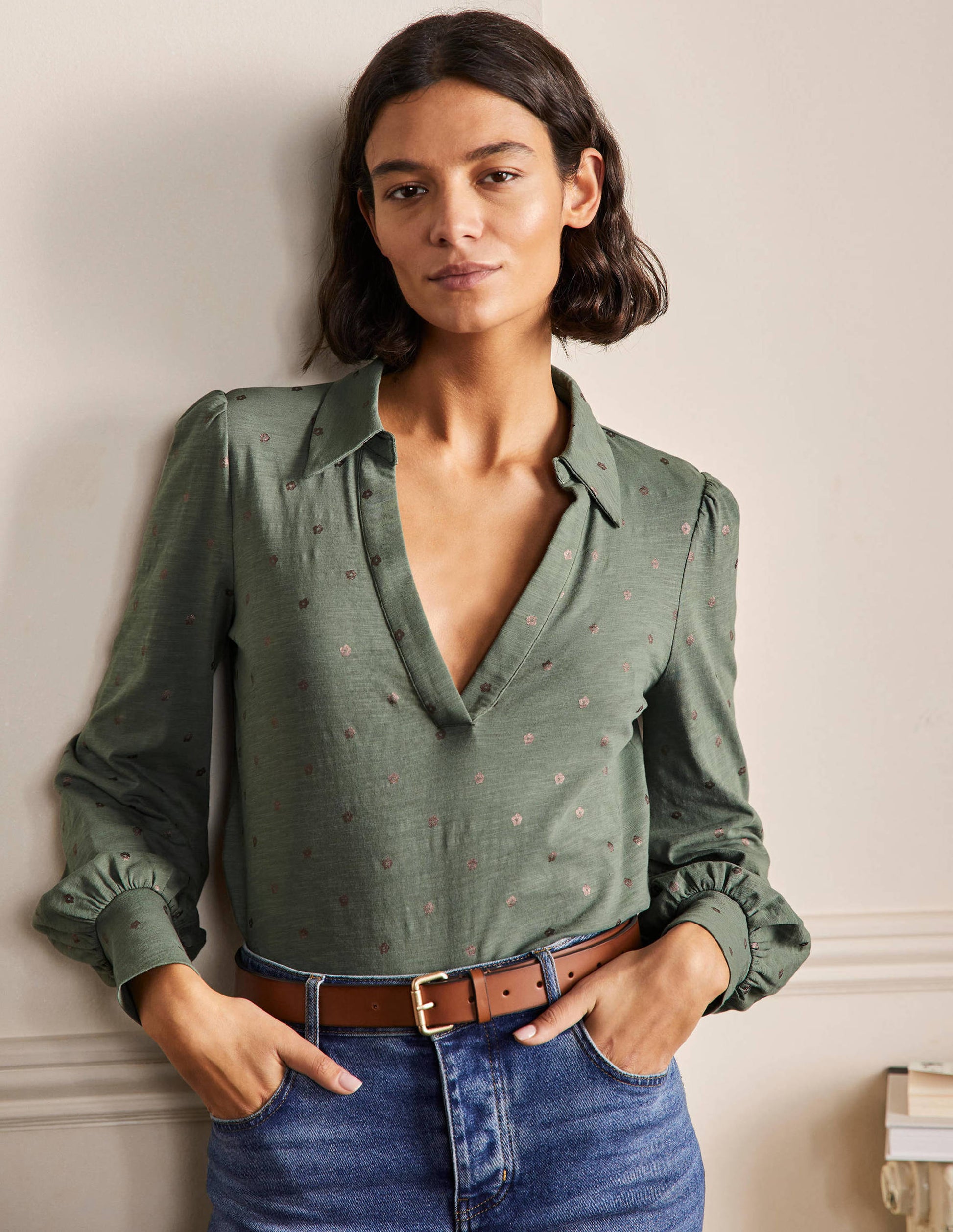 Collared Notch Neck Cotton Top-Alder Foil Flower-1