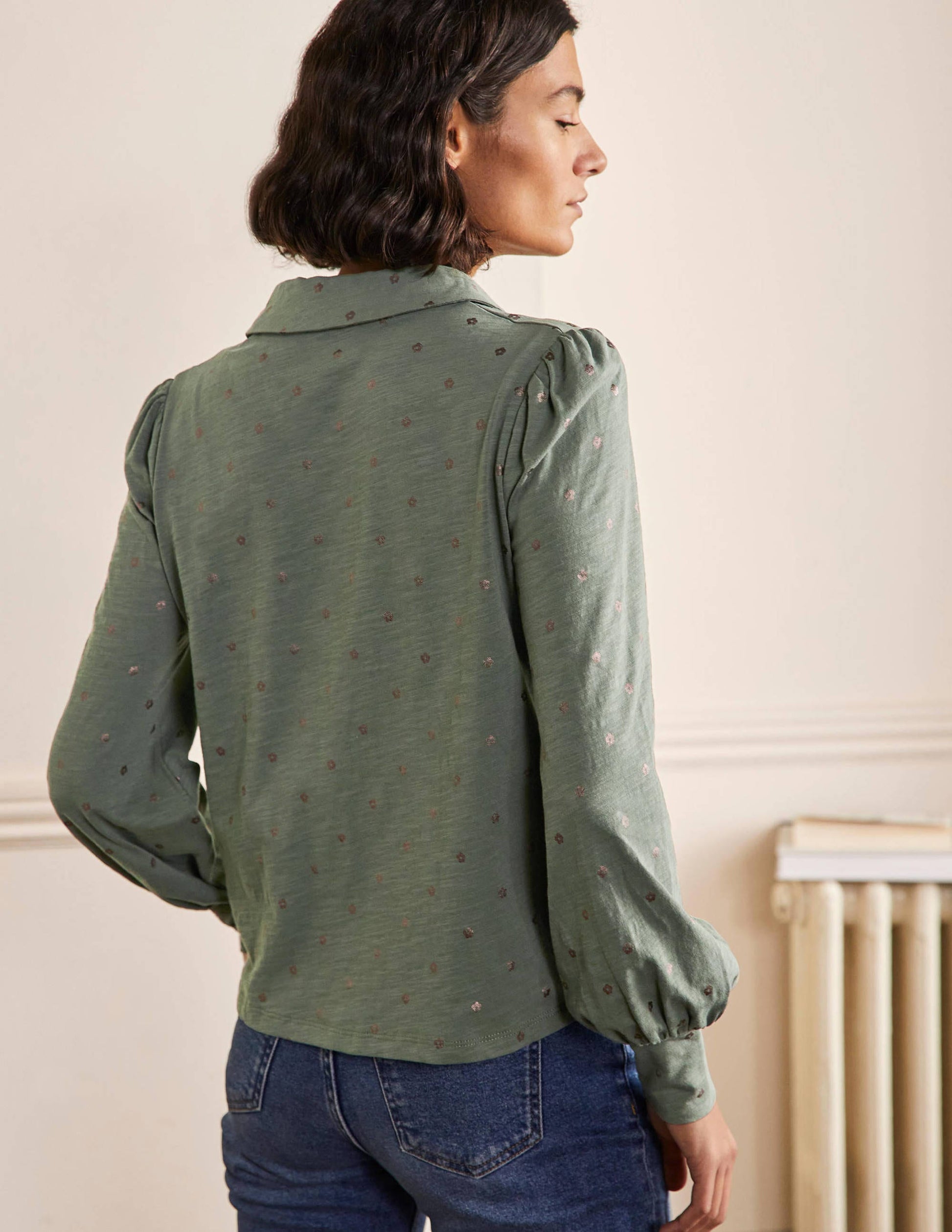 Collared Notch Neck Cotton Top-Alder Foil Flower-3