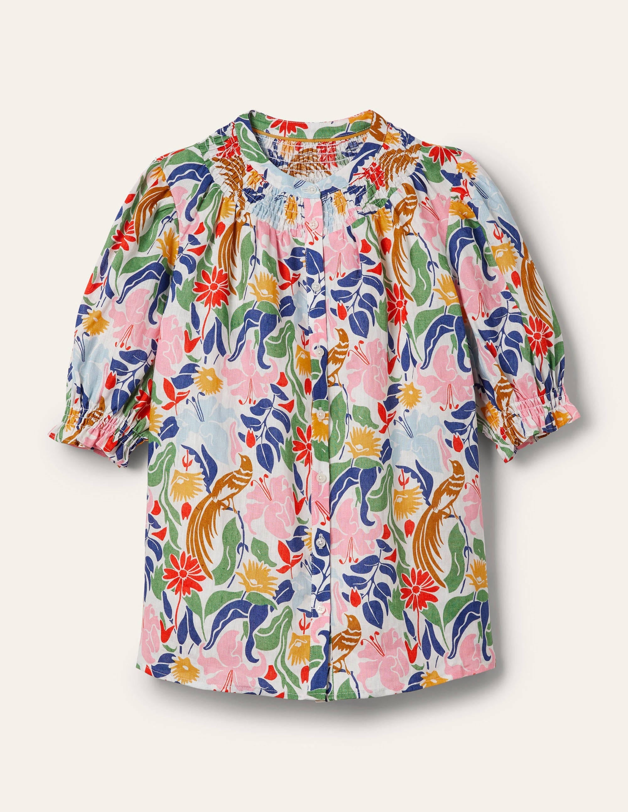 Smocked Short Sleeve Blouse-Ivory, Oriental Bird - Image 6