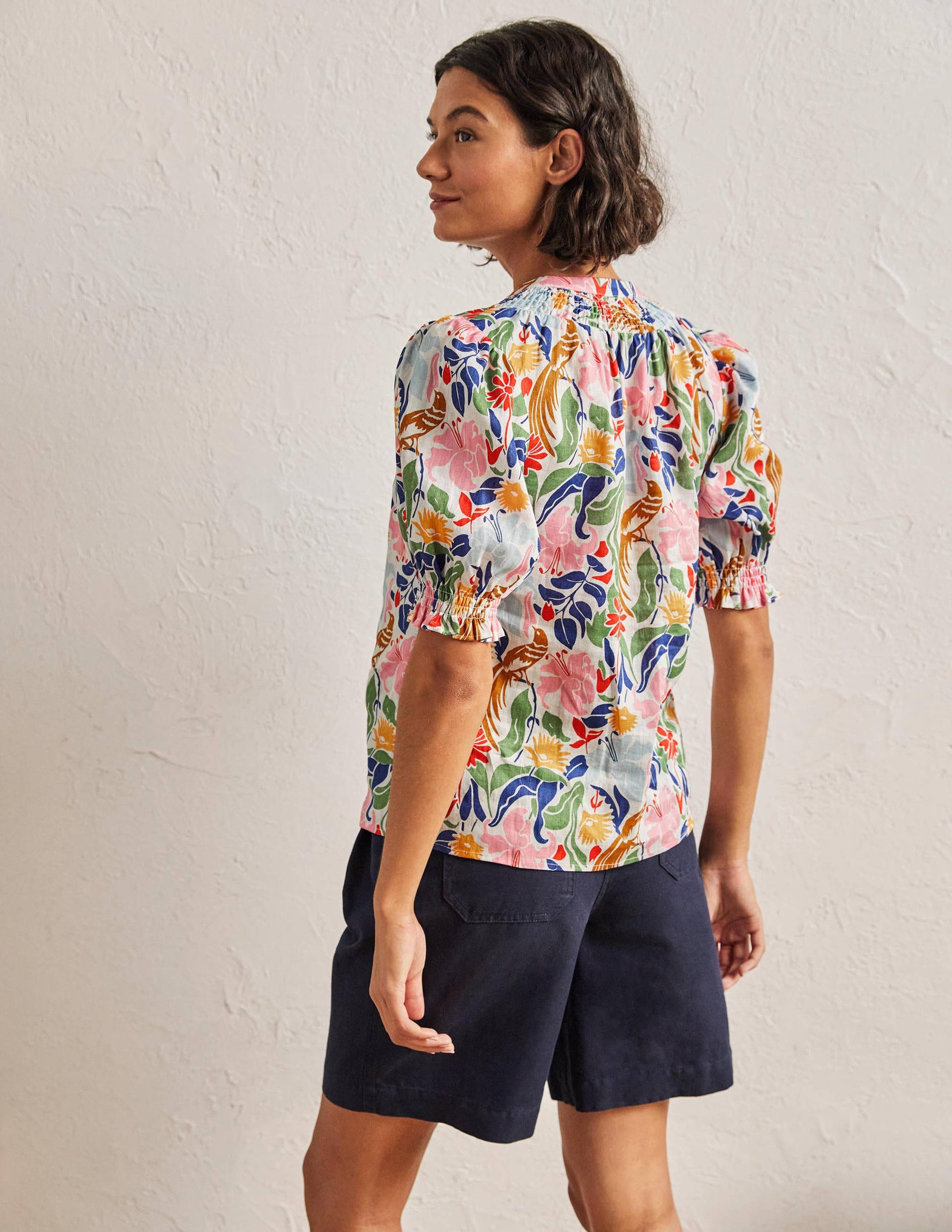 Smocked Short Sleeve Blouse-Ivory, Oriental Bird-3