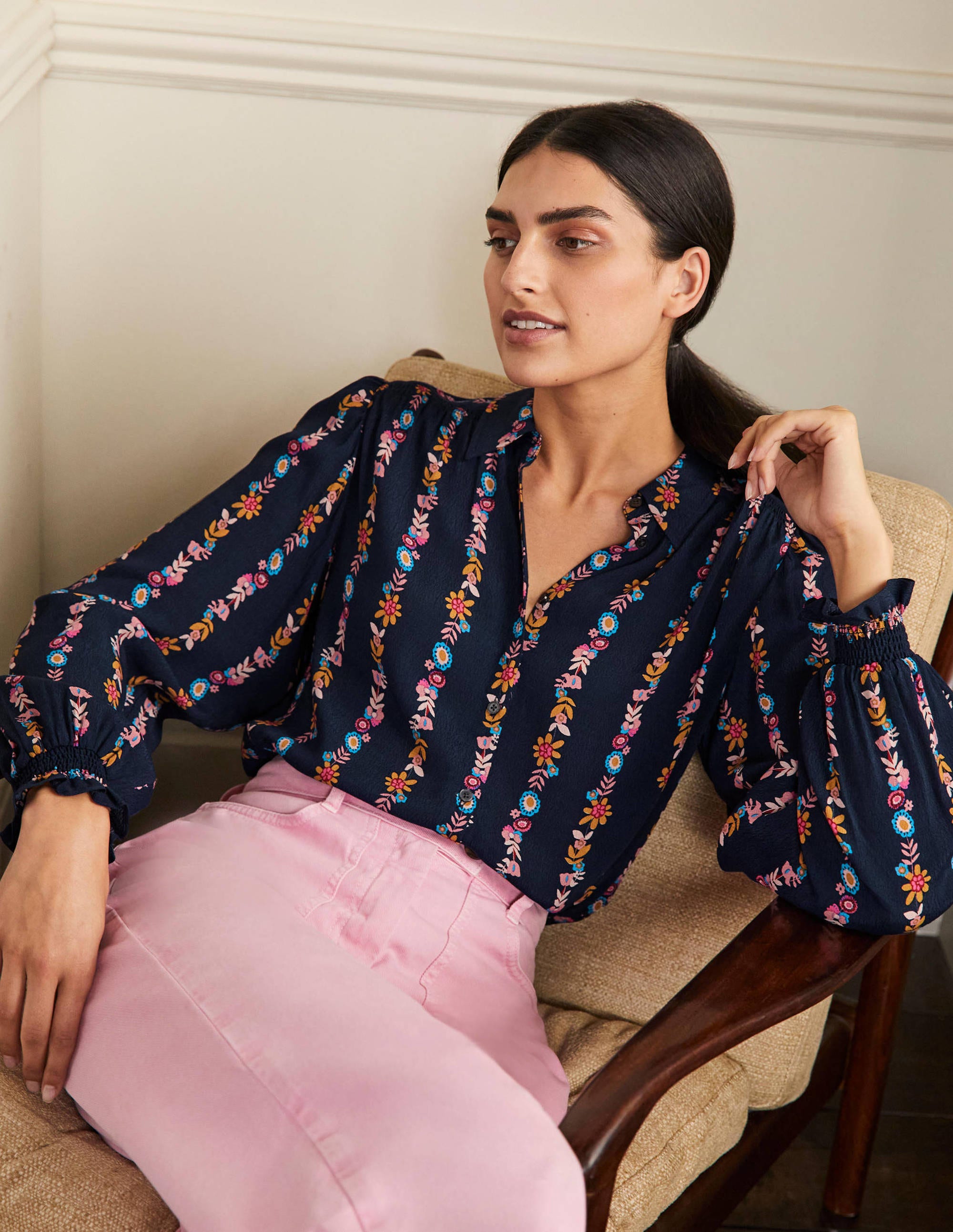 Smocking Detail Blouse-French Navy, Flora Bloom - Image 1