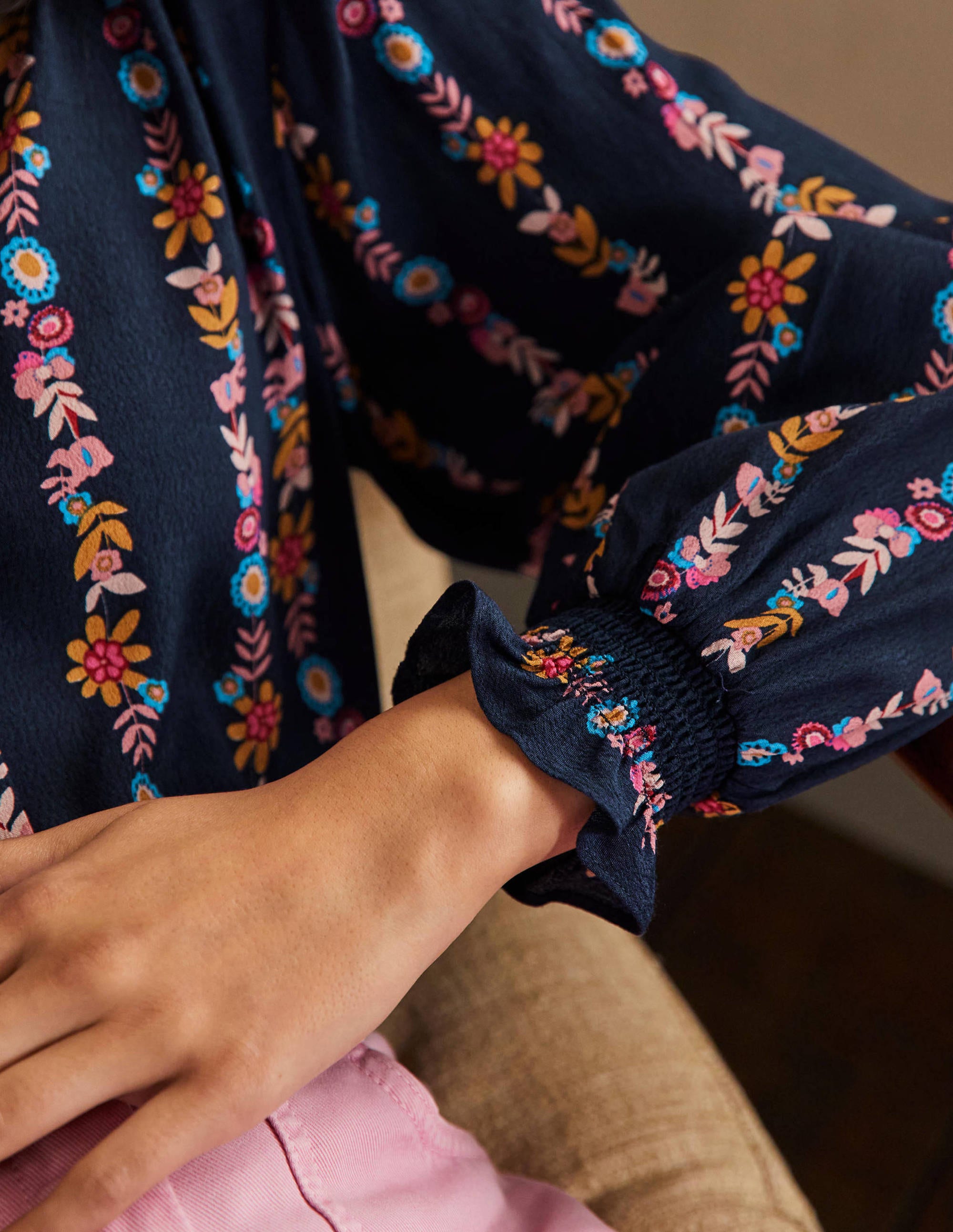 Smocking Detail Blouse-French Navy, Flora Bloom - Image 2